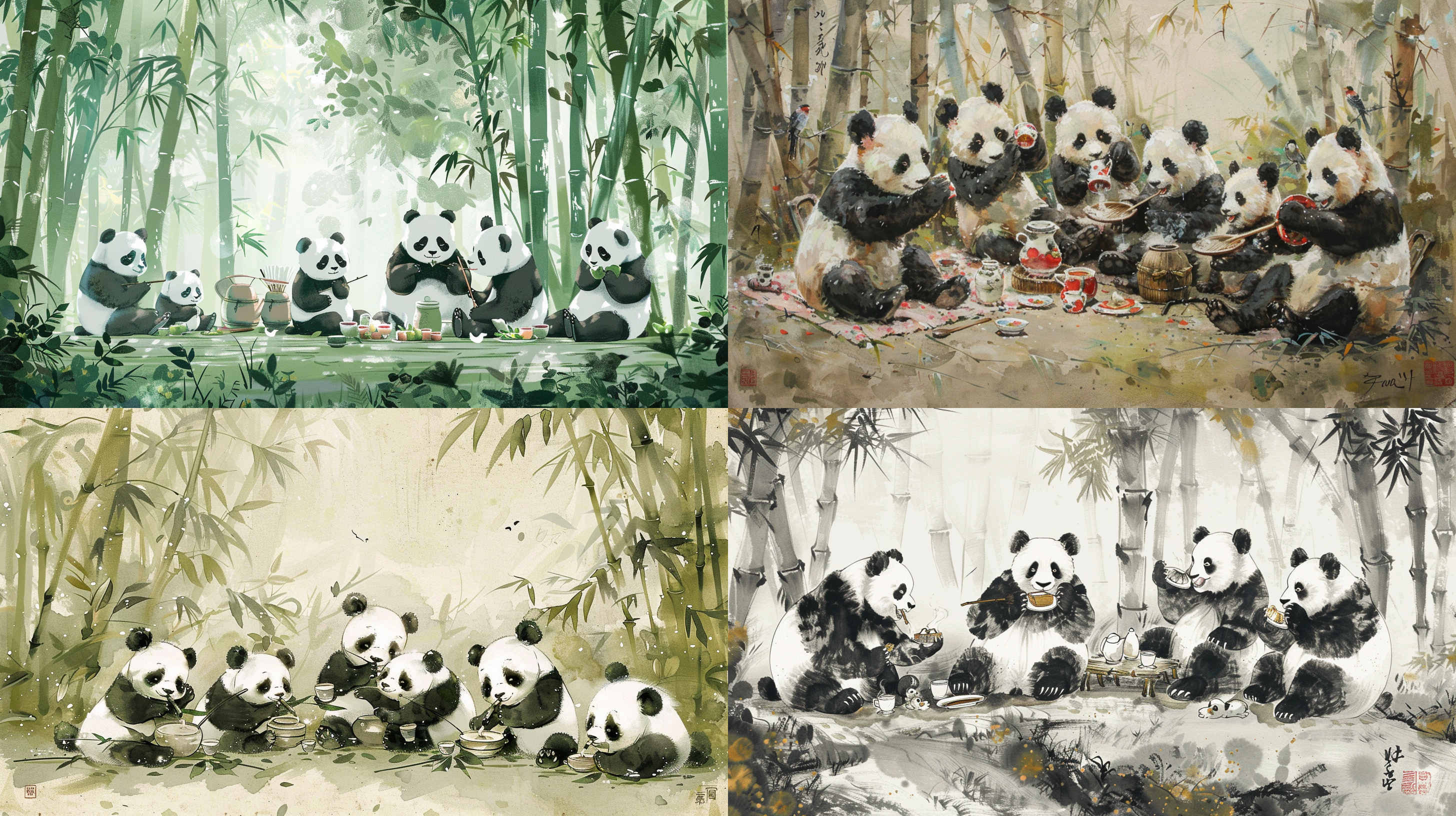 7个形态各异，憨态可掬的熊猫，身着汉服，在竹林里郊游，一个在喝酒，一个在抚琴，一个在练字，一个在跳舞，一个在煮茶，一个在摇扇，一个在睡觉，傅抱石水墨画风格，横向展开画面，高质量，多细节，高清