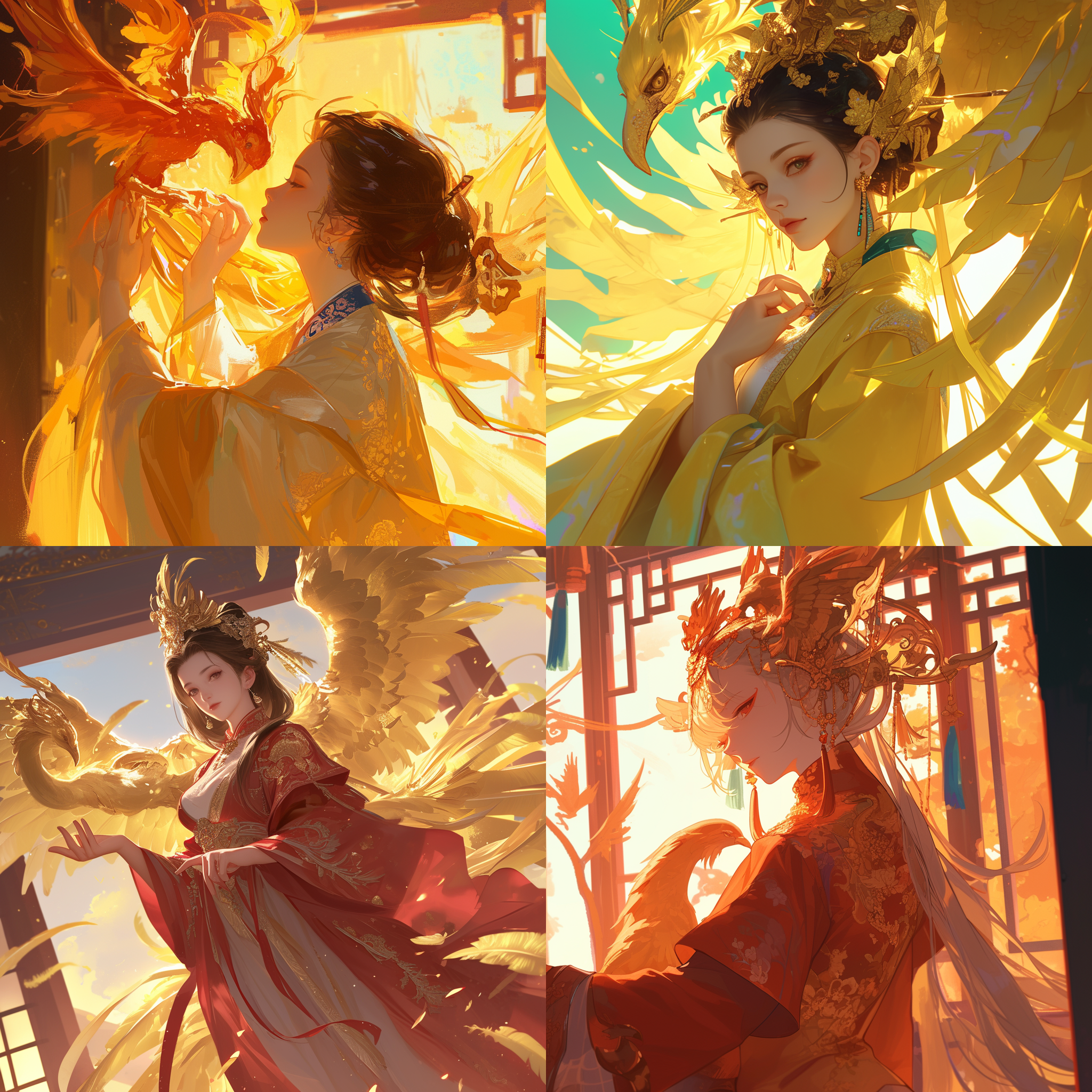 prompt. 中式风格，模特，凤凰，彩色，古典建筑，传统服饰，端庄面容，金黄色调，逆光，低角度，柔焦，优雅。