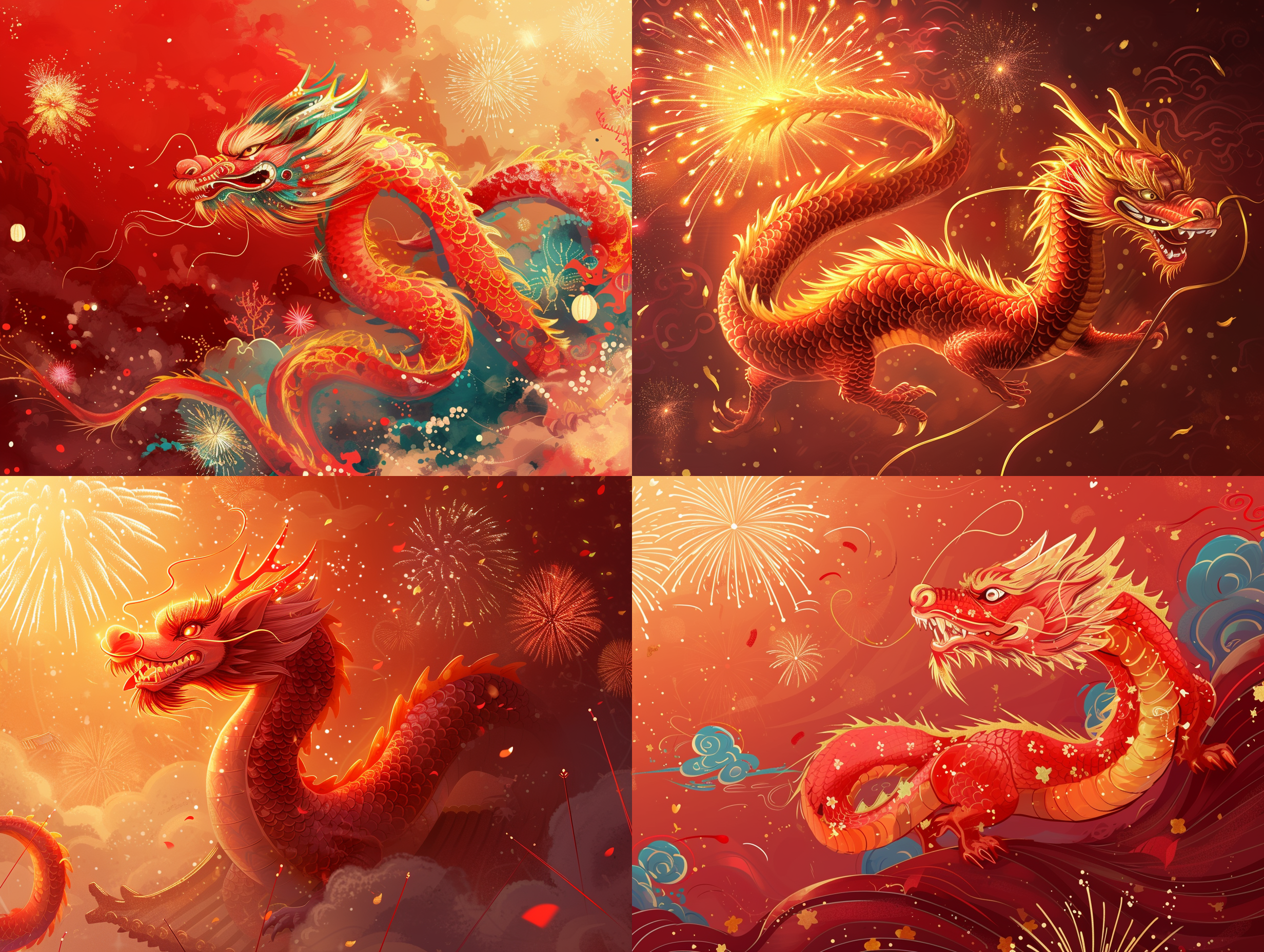 prompt. 龙年迎新年插画，红色调，传统风格，龙舞腾飞，烟花绽放，喜庆氛围，明亮色彩，细节丰富，动态感，金光闪耀，喜悦。
