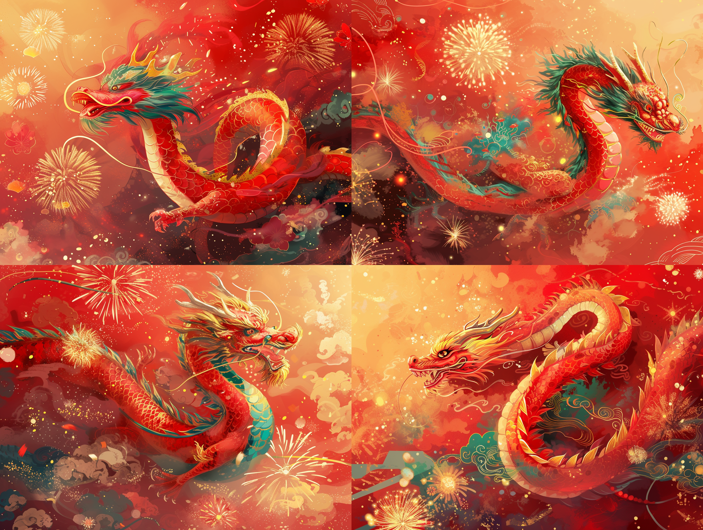 prompt. 龙年迎新年插画，红色调，传统风格，龙舞腾飞，烟花绽放，喜庆氛围，明亮色彩，细节丰富，动态感，金光闪耀，喜悦。