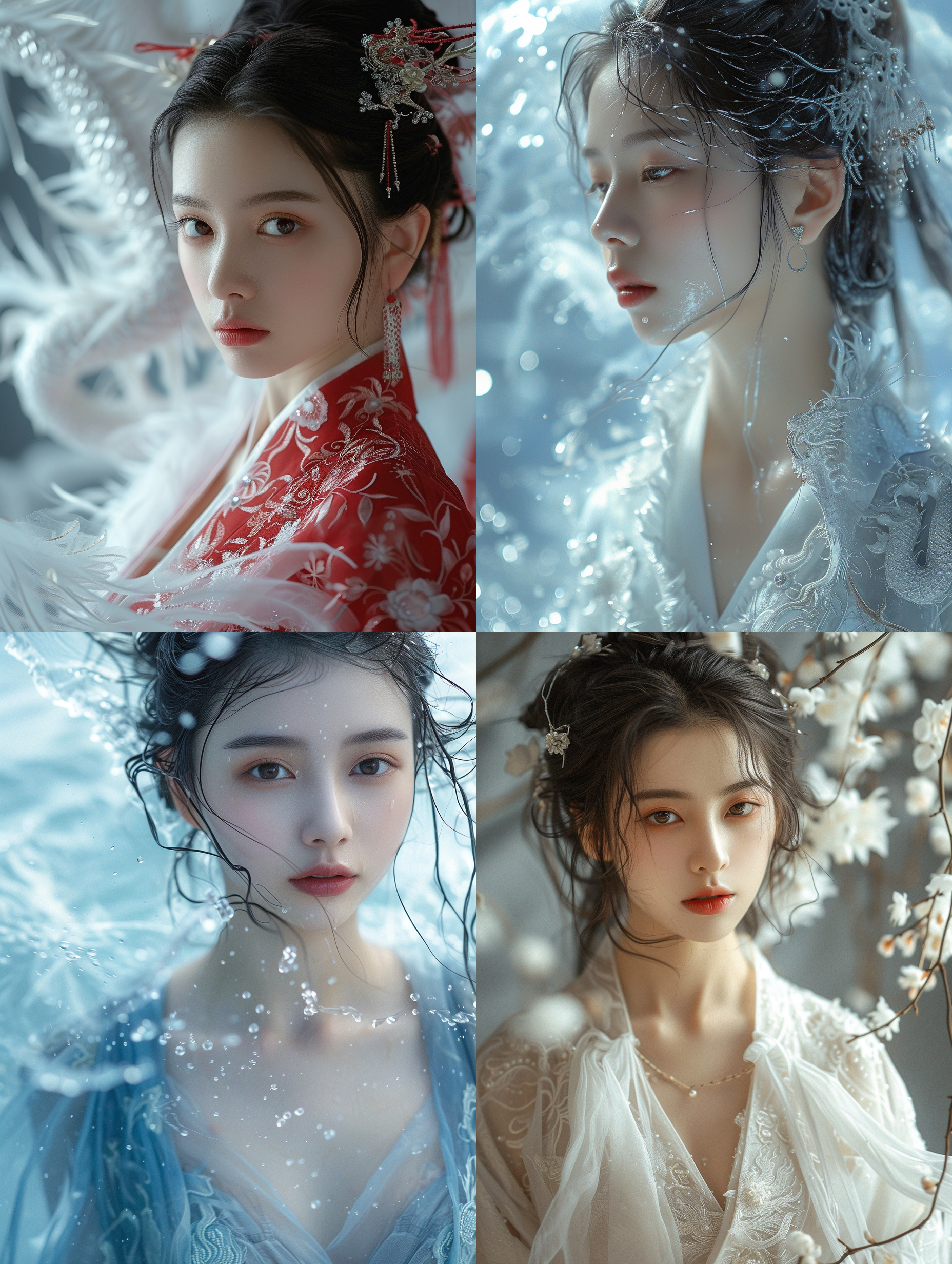 prompt. 中国美女22岁，汉服，白色龙下，白云背景，梦幻质感，动感设计，水的融合，设计平衡，电影灯光，超高清晰度，细节丰富，色彩层次，32k高清。