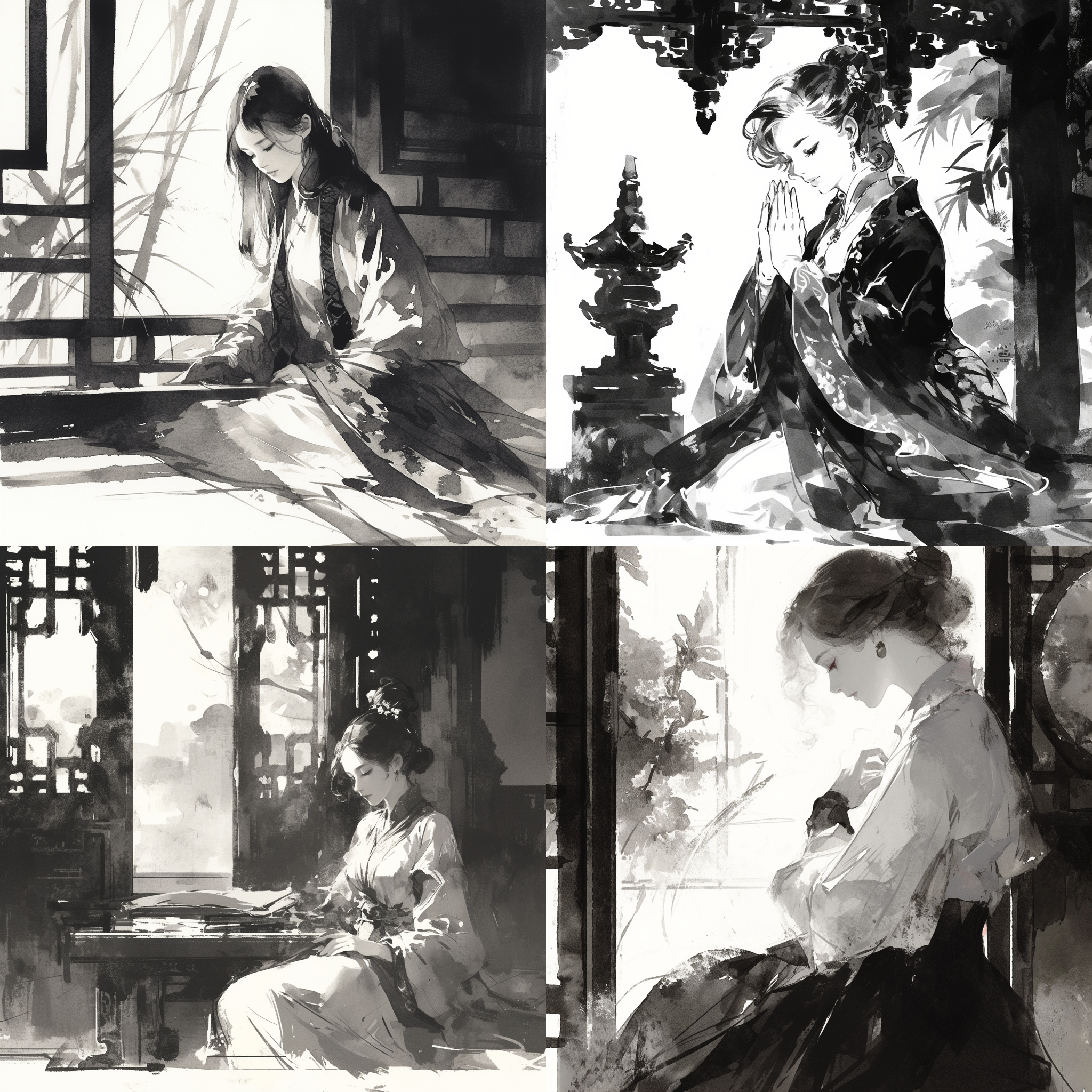prompt. 少女水墨画，凉亭内，静谧氛围，古典风格，黑白色调，细节丰富，侧逆光，瞬间捕捉，专注，优雅。