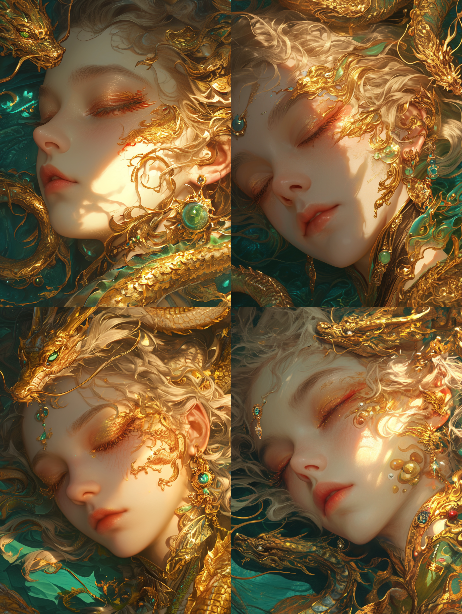 古典风格，一名女子熟睡中，面容酷似迪丽热巴，波浪发型，眼角绘有中国龙或凤凰眼妆，釉金、珠宝装饰，眼影特写，俯拍角度，自动对焦镜头，复杂细节，极其逼真，超高分辨率，高清画质，8k，莱卡镜头，视频拍摄，清晰的外观设计，最佳杰作，超高亮度。