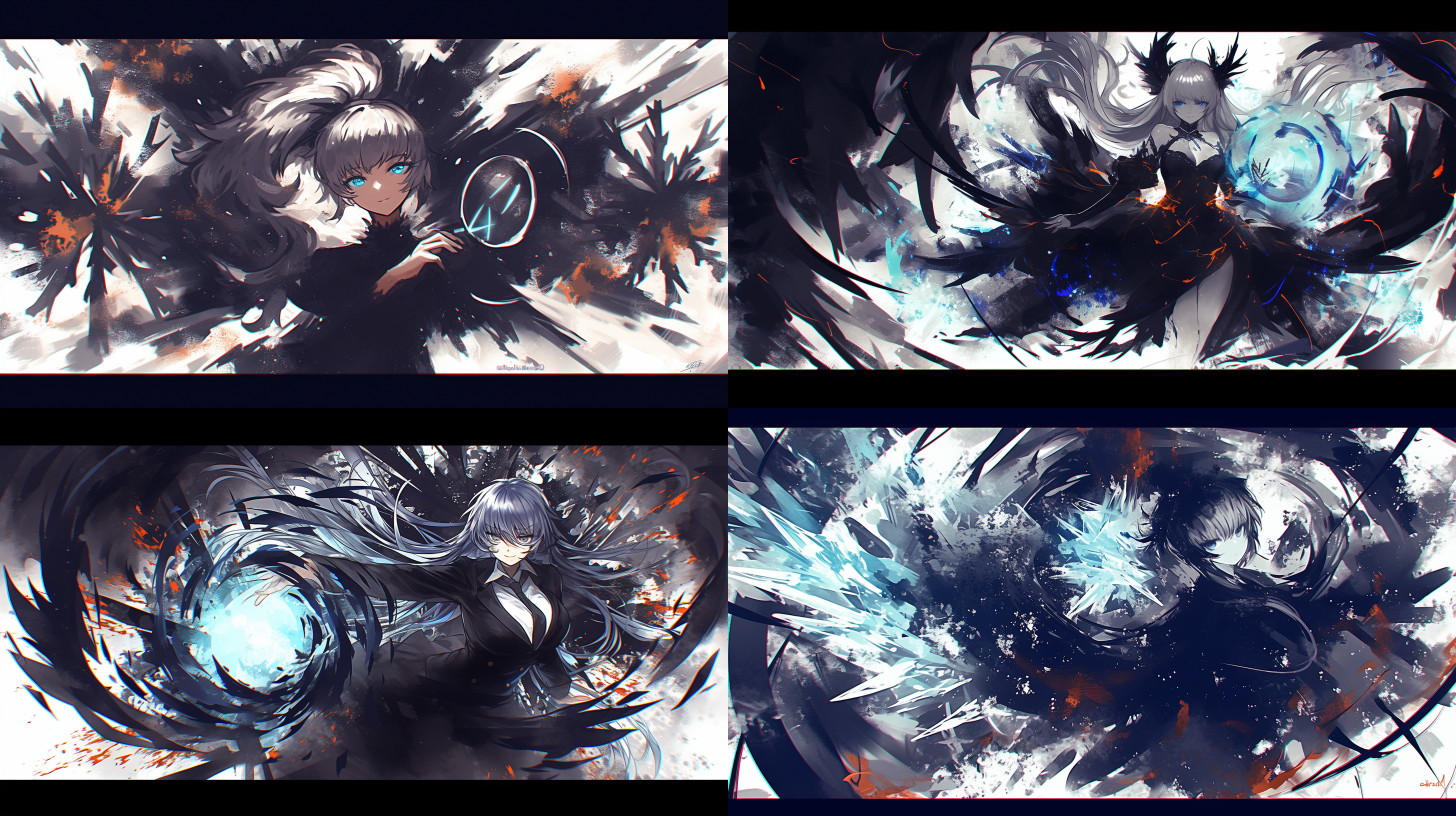 动漫风格少女，很长的银发，黑礼服，手持蓝魔法，冰系特效，侧光