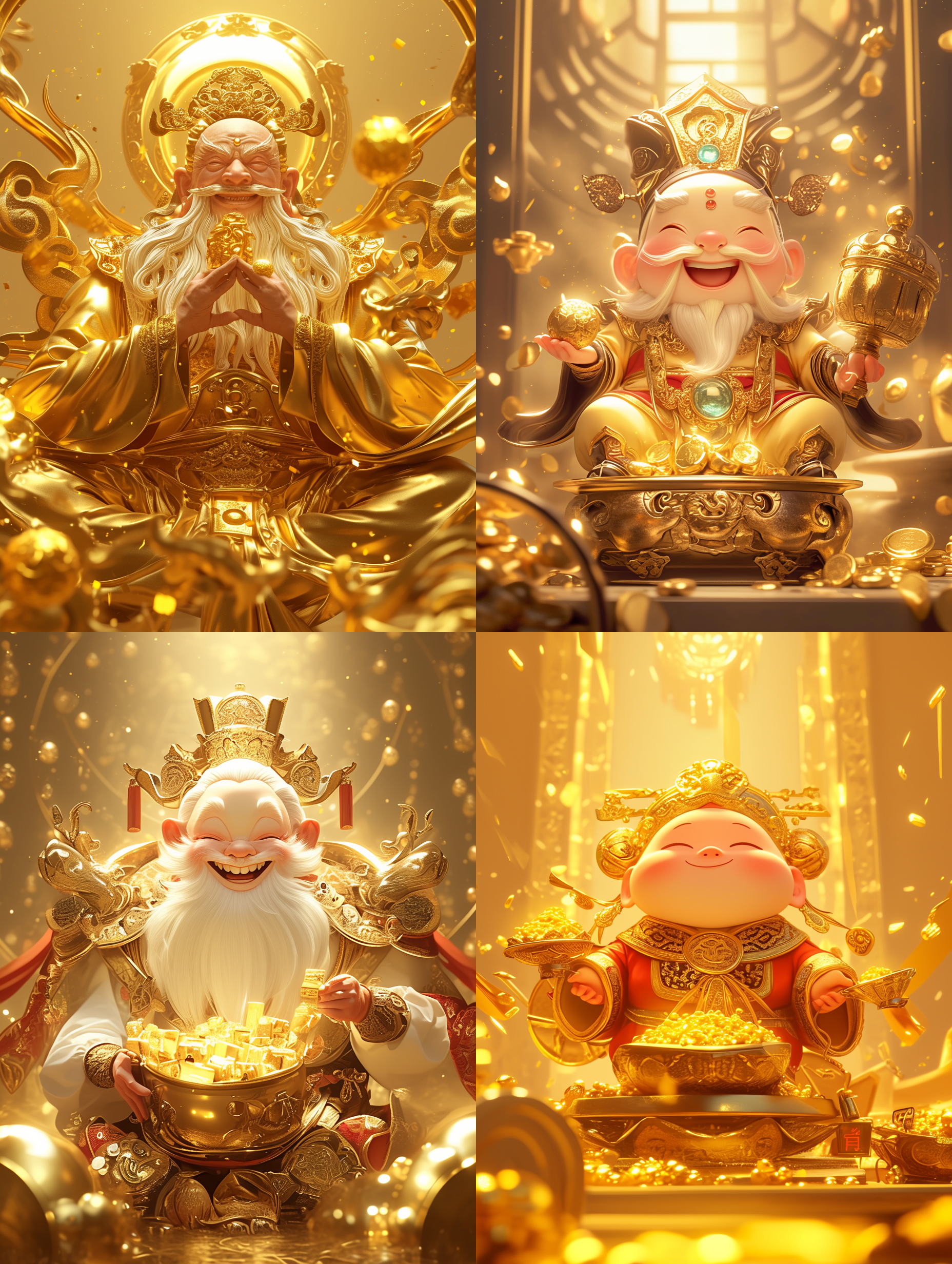ip 设计，中国式财神，全身华丽的金色袍子，头戴古代官帽，脸带笑容，手捧金元宝，模糊金银背景，超精细设计，超清晰外观设计，超逼真，可爱风格，梦幻引擎，3d数字渲染，最佳画质，大师级杰作，金色和银色，中心构图，
