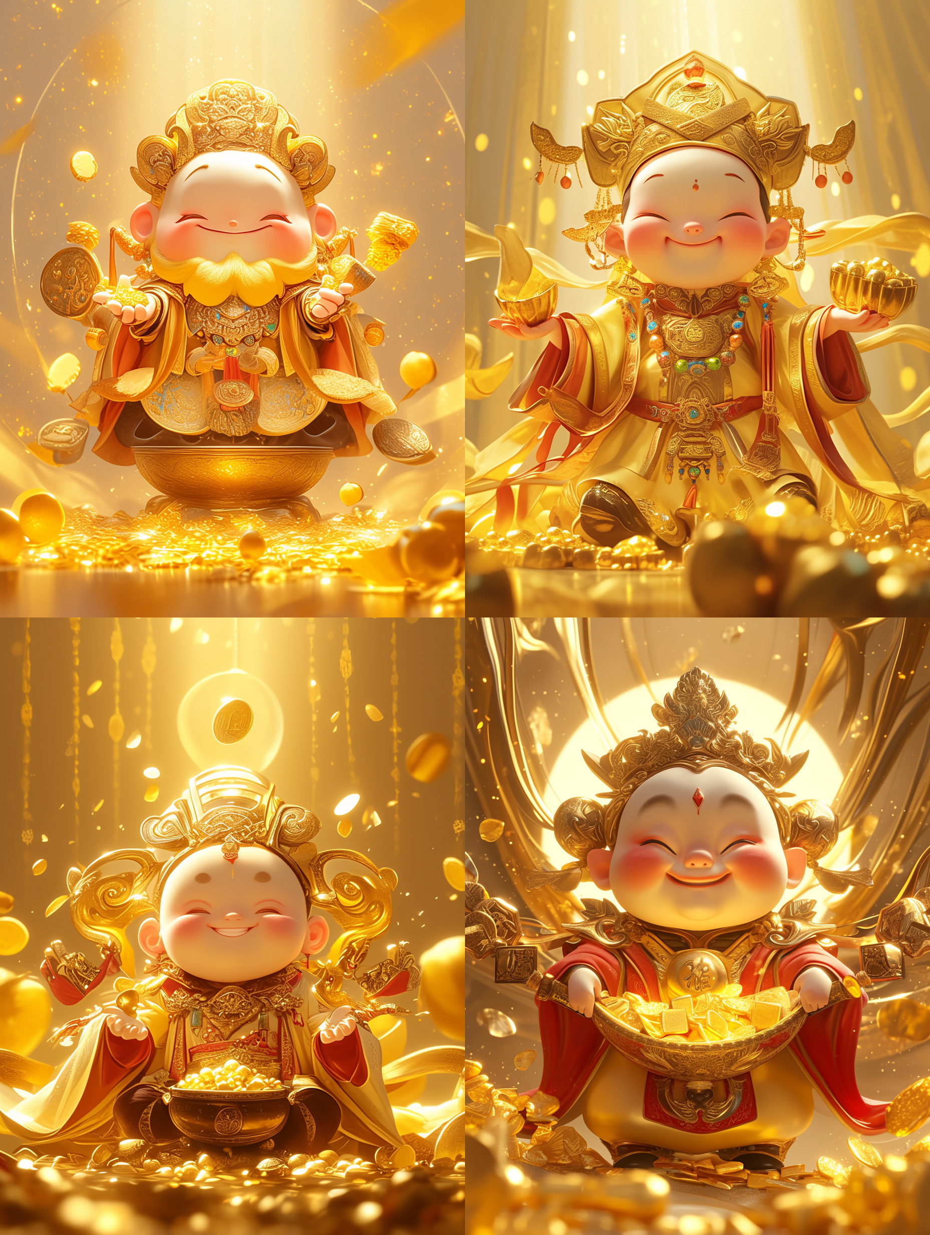 ip 设计，中国式财神，全身华丽的金色袍子，头戴古代官帽，脸带笑容，手捧金元宝，模糊金银背景，超精细设计，超清晰外观设计，超逼真，可爱风格，梦幻引擎，3d数字渲染，最佳画质，大师级杰作，金色和银色，中心构图，