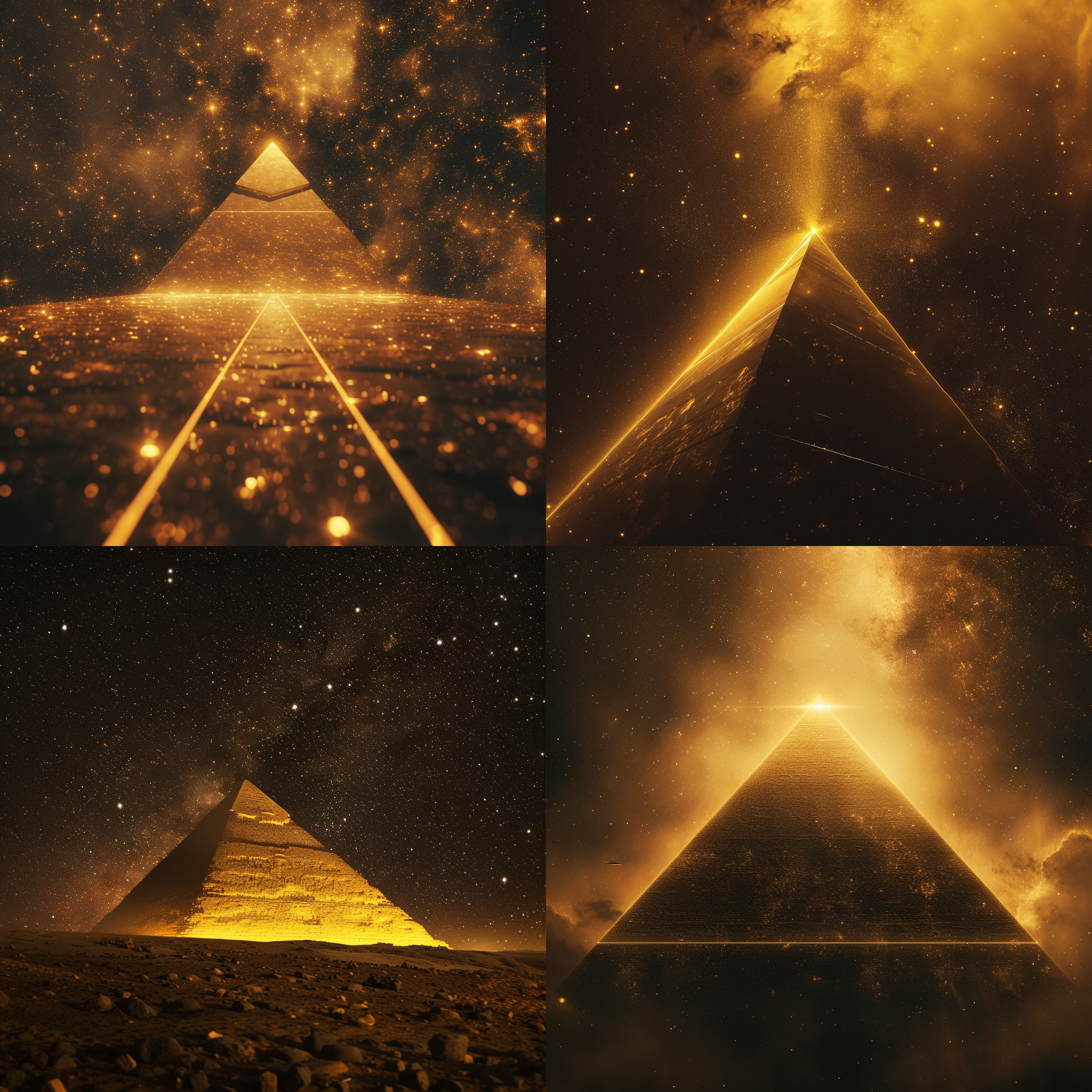 金字塔星空，ufo飞行，夜晚，星空背景，长焦镜头，光轨，神秘，科幻，暗黄色调，震撼。