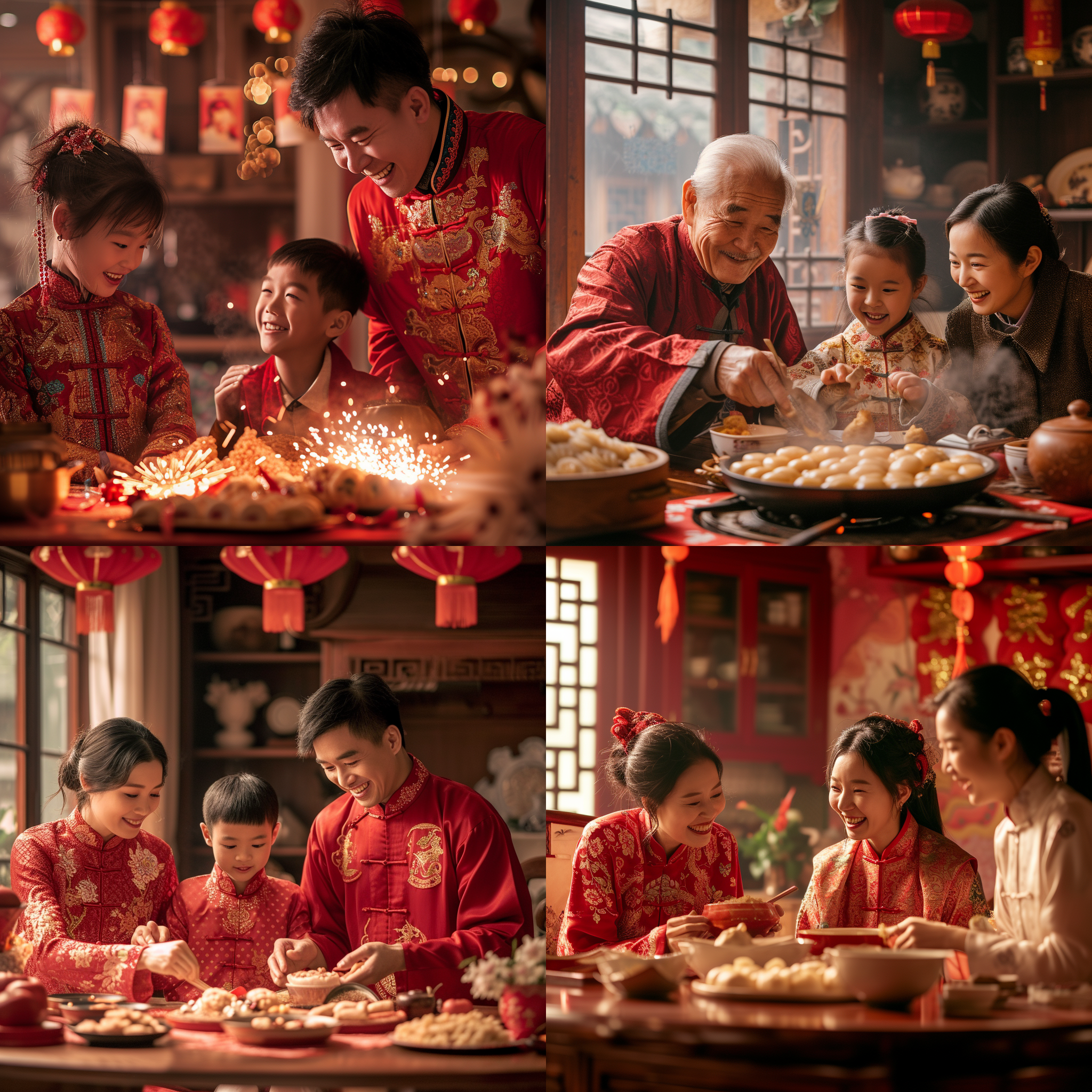 prompt. 春节团聚，饺子宴，家庭聚会，贴春联，放鞭炮，喜庆氛围，红色主调，家庭厨房，人物特写，笑容，传统服饰，暖色调，室内拍摄，标准镜头。