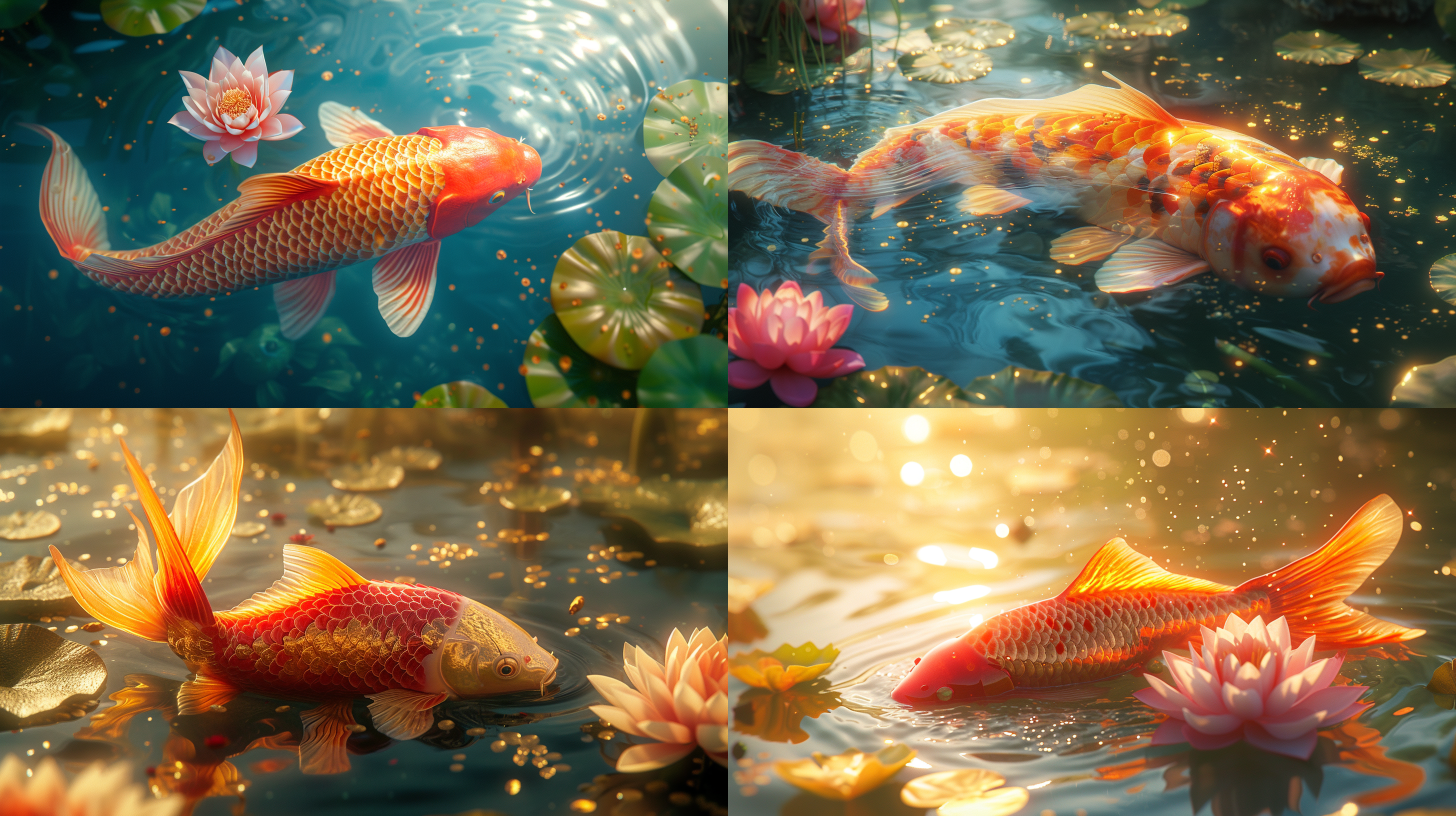 prompt. 中国金鲤鱼，红鲤鱼，荷花，真实湖水，耀眼光芒环绕，金元宝，光线追踪，超高清，解剖学正确，精确，纹理皮肤，超高细节，获奖作品，最佳质量，16k