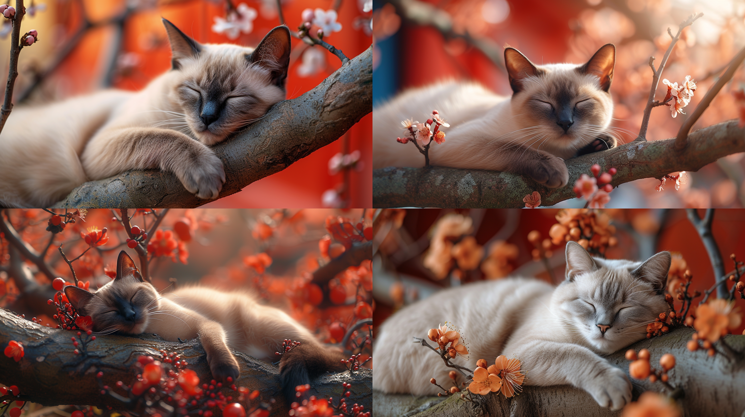 prompt. 暹罗猫趴在树上，背景是红色的墙，树上开满杏花，8k 长焦镜头，精细的细节，杰作，鲜艳色彩 