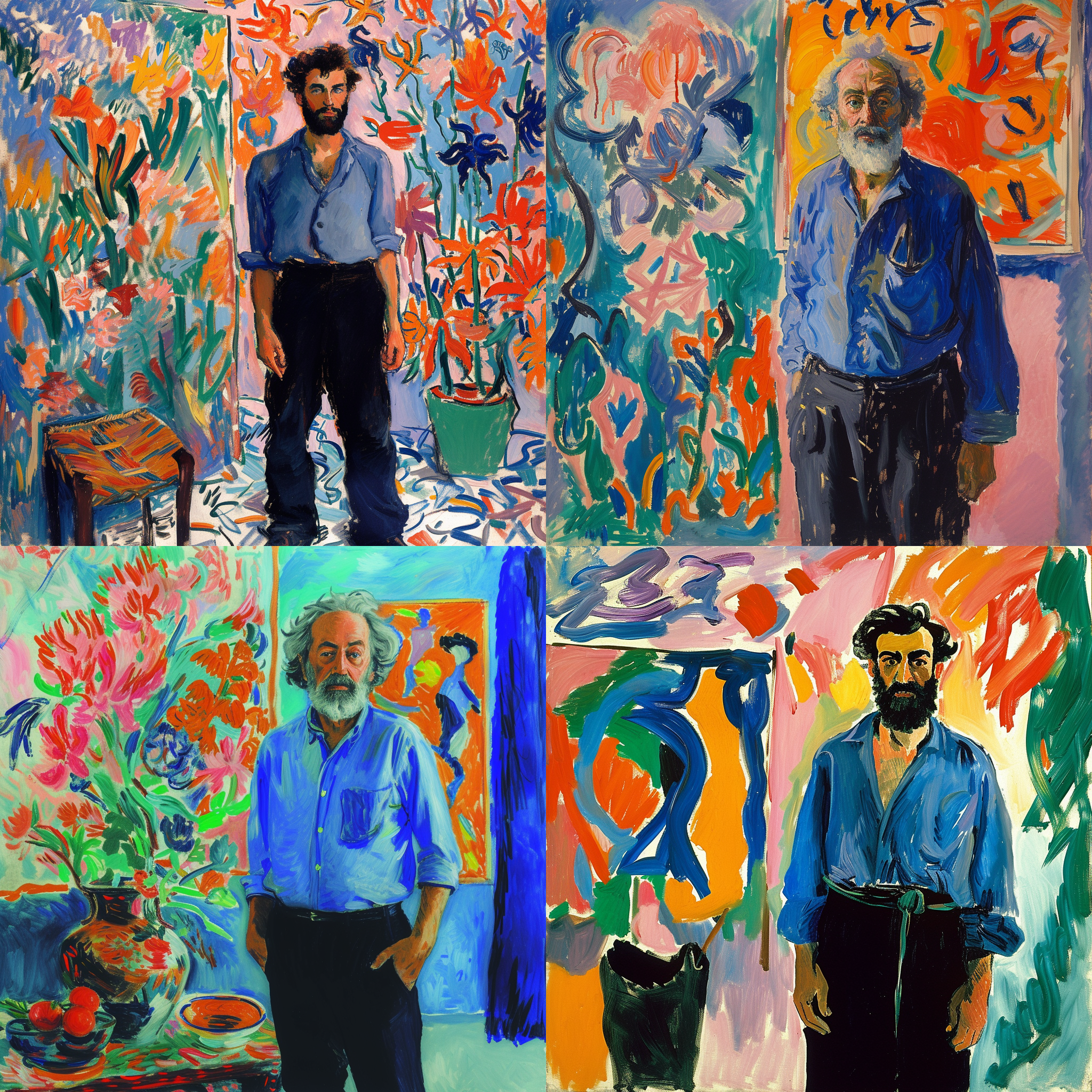 马蒂斯站在他的工作室里，背后是一幅巨大的画作。他身穿一件明亮的蓝色上衣和黑色的裤子，头发凌乱但神采奕奕。他的眼睛充满热情，透过画布传达出对美好未来的渴望。这幅画作充满了鲜艳的色彩和自由的笔触，展现了马蒂斯对人性和情感的深刻理解。 绘画，工作室，马蒂斯，明亮，蓝色上衣，黑色裤子，头发凌乱，热情，画布，美好未来，鲜艳的色彩，自由的笔触，人性，情感。