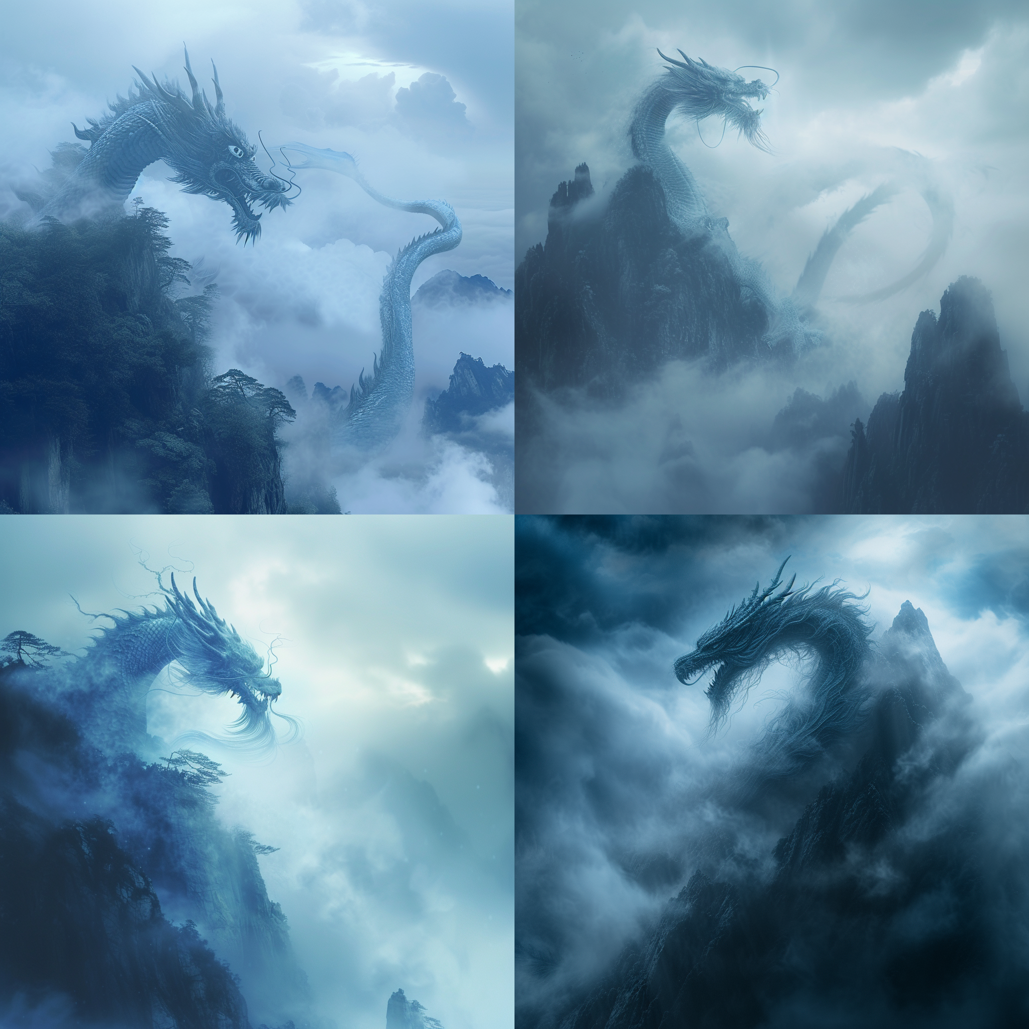 prompt. 中国龙，山顶上，云雾缭绕，蓝色调，长焦镜头，逆光，飞翔，威严，神秘。