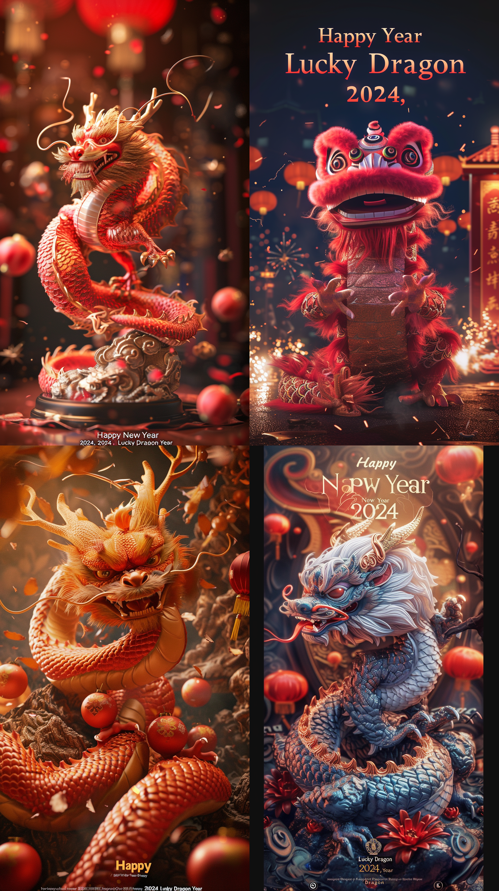排版字体：并以短句写着：“2024新年快乐，龙年大吉”中国龙环绕，超逼真，超玄幻，玄幻引擎，3d,数字渲染，莱卡镜头，全景摄影，视频拍摄，uhd,