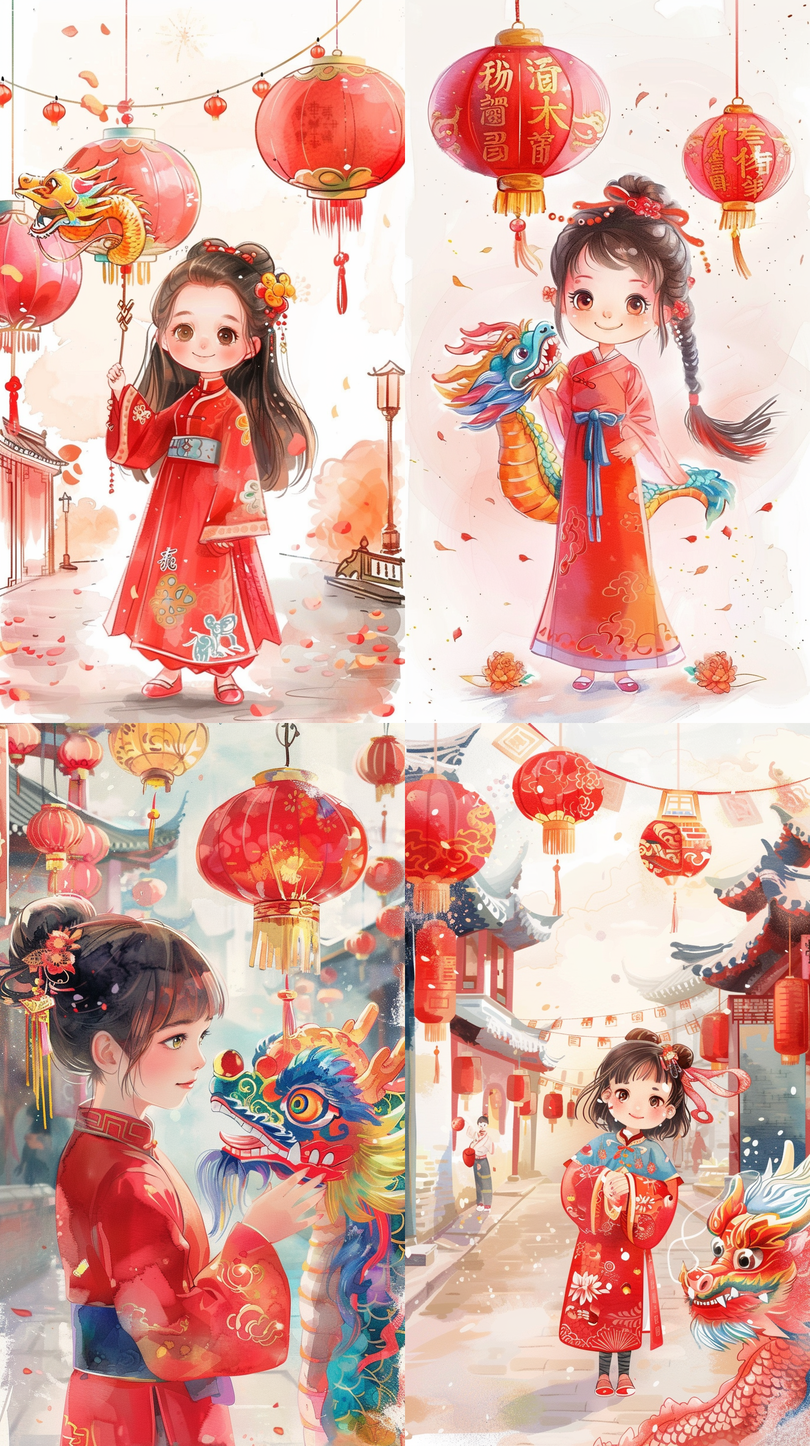中国卡通小女孩在春节期间，身穿传统汉服，站在街头。她手中拿着一条绚丽多彩的中国龙，周围装饰着灯笼和春联，色彩鲜艳明亮，充满了节日的喜庆氛围。 汉服，中国龙，灯笼，春联，水彩画风格，绚丽多彩，节日喜庆，街头，传统，鲜艳明亮，卡通艺术