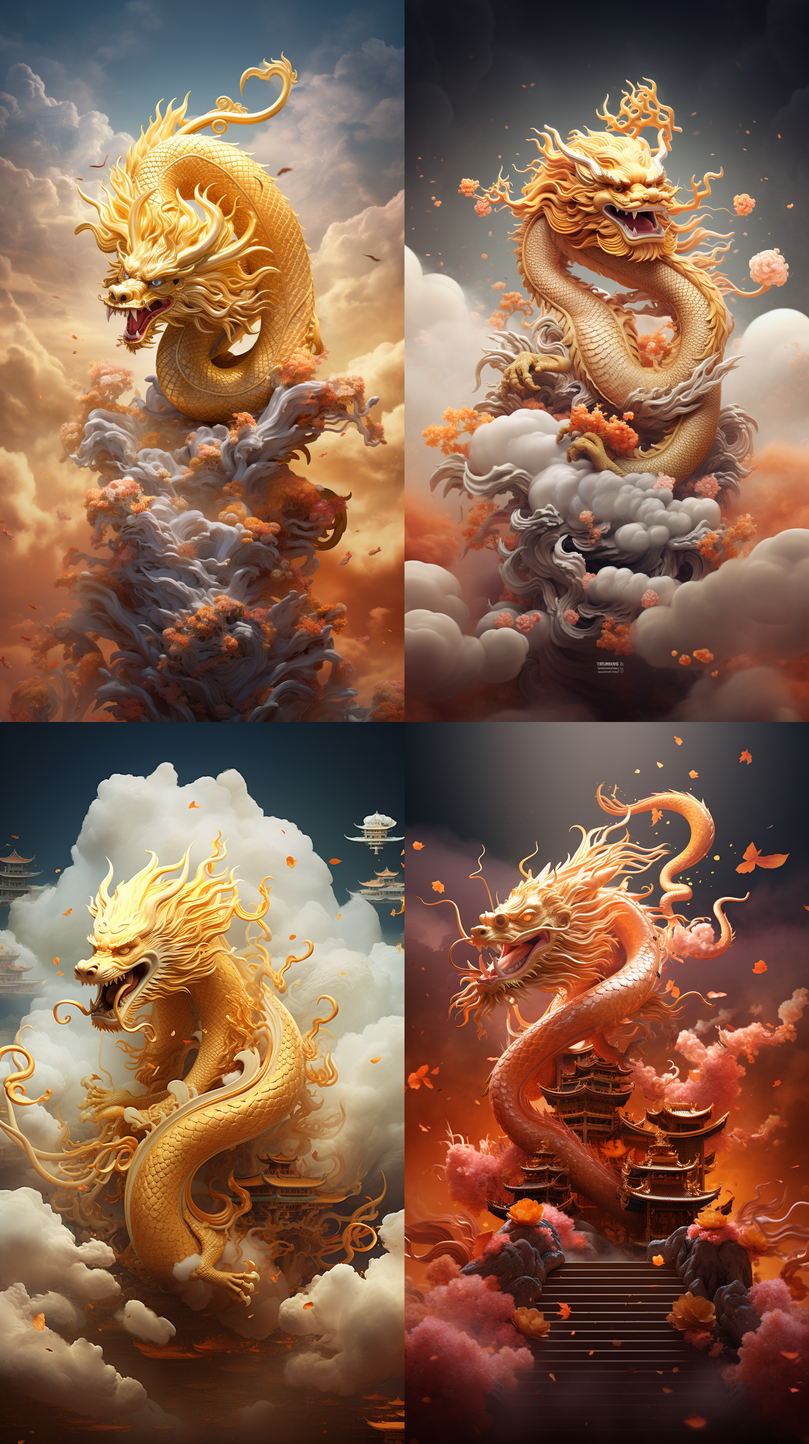 精美壁纸设计：神话中的生物，金龙，献瑞祥，祥云，新年氛围，中国新年，新年元素，3d，数字渲染，色彩丰富，超逼真，超真实，超精细设计，超清晰外观设计，梦幻引擎，梦幻云雾细节，细节狂魔，视频拍摄，全景摄影，明亮的光线，最佳画质，8k,uhd，莱卡镜头