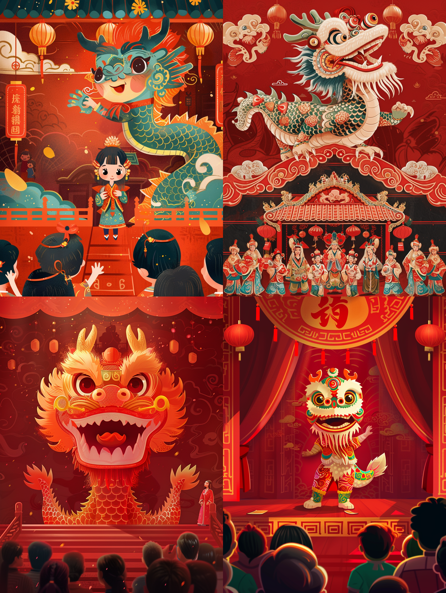 t台上, 一条龙，穿着中式服装, 模特步，拜年动作，时尚，可爱，幸福，t台下面2排的观众，红色背景，卡通艺术 