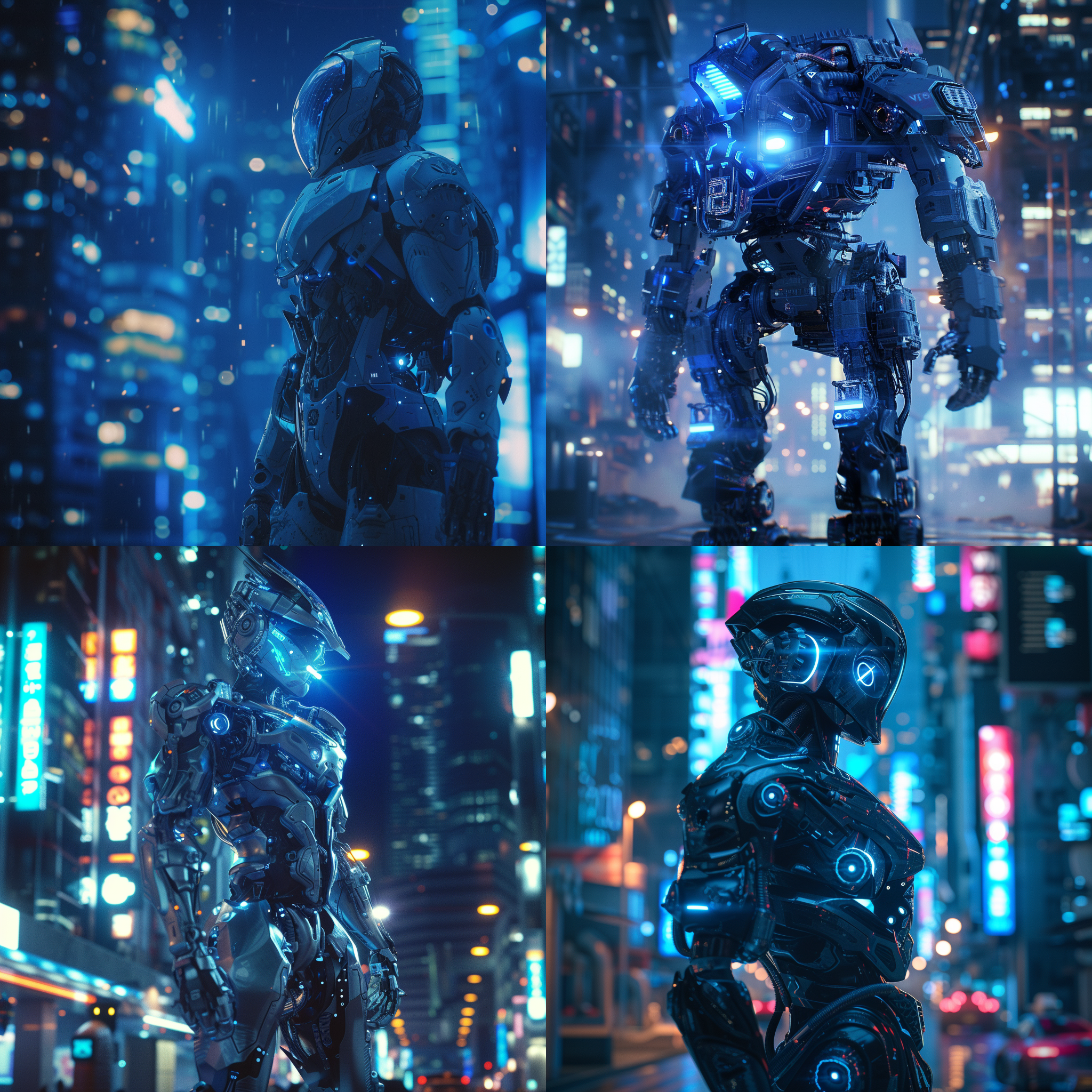 prompt. 机甲战士，夜晚城市，未来科技感，蓝色光线，全息投影，金属质感，动态姿势，侧逆光，宽广视角，冷色调，战斗氛围。