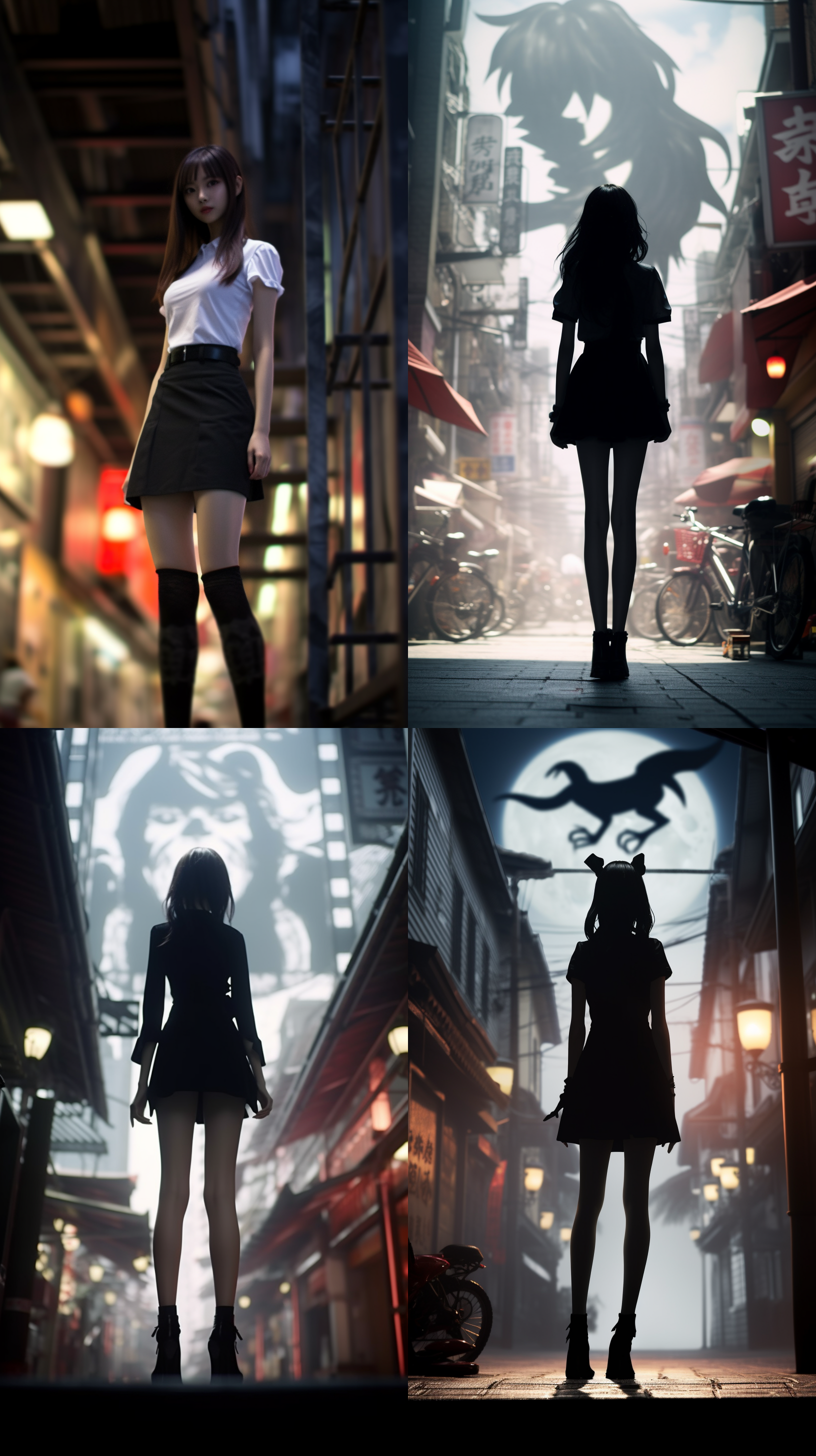 8k壁纸，中国美女背影，魔鬼身材，纤细的腰肢，身材修长，丰满体型，穿黑色丝袜，白色短裤，黑色贴身短袖，商业街空旷背景，全身摄影，佳能相机，