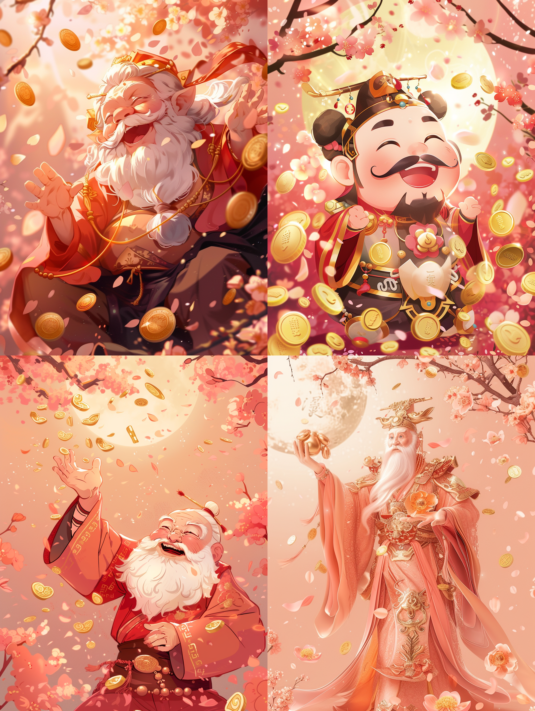 prompt. 月老与财神爷，q版卡通，桃花粉色背景，金钱雨，逆光，抛撒动作，温暖色调，喜悦。