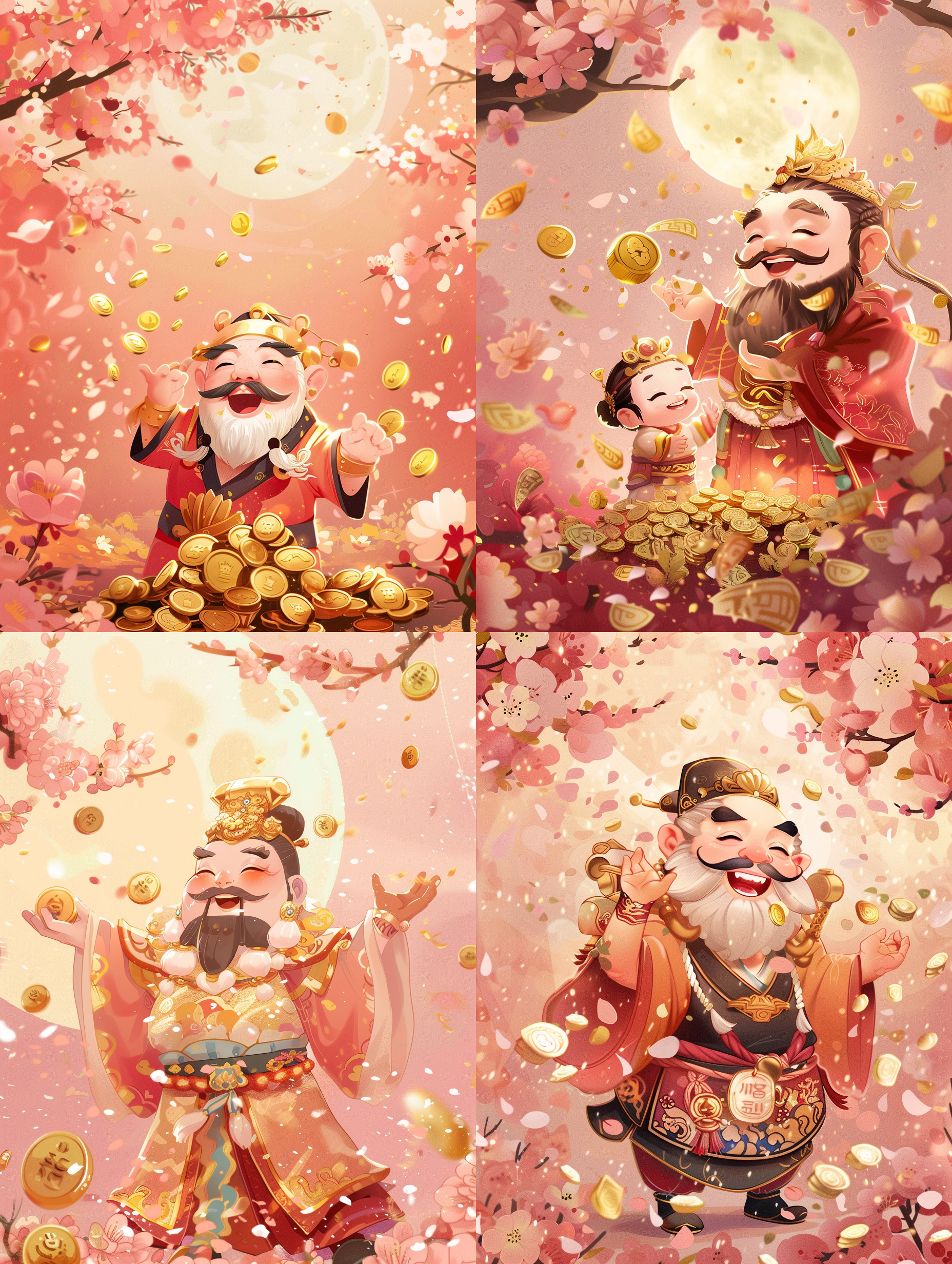 prompt. 月老与财神爷，q版卡通，桃花粉色背景，金钱雨，逆光，抛撒动作，温暖色调，喜悦。
