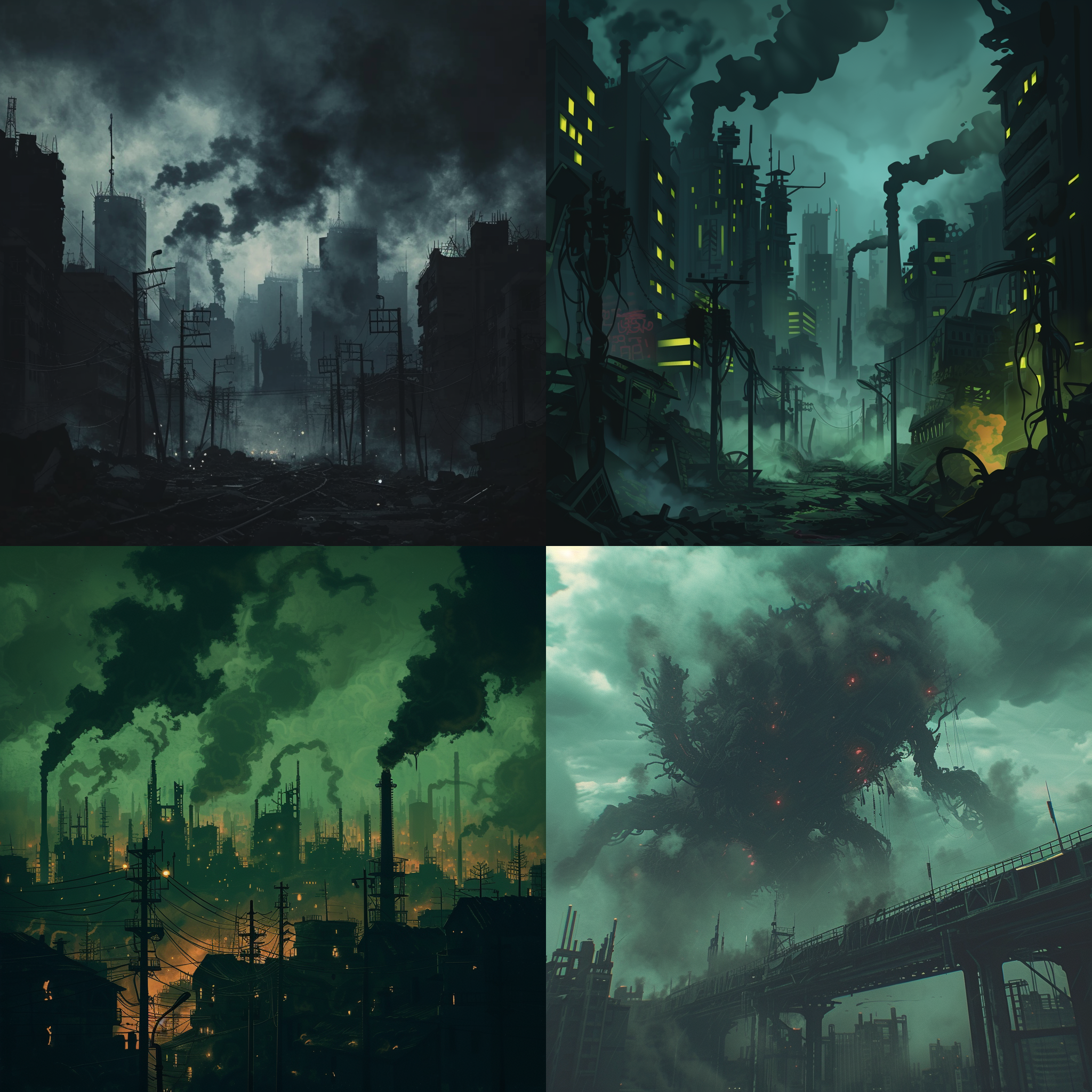 prompt. 城市污染，变异生物，废墟景观，阴暗色调，超广角镜头，烟雾效果，夜晚光线，奔跑，恐惧，紧张。 动画艺术 卡通