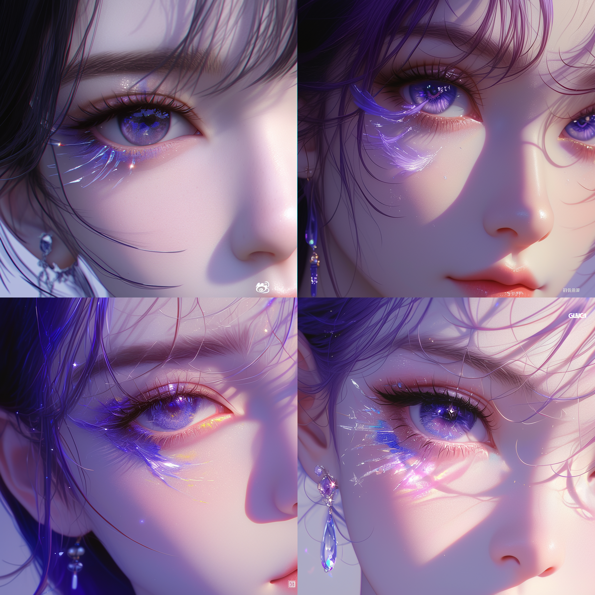 女孩微笑凝视镜头，左侧角度，立体3d凤凰眼影，紫色闪光眼睛，超精细细节，超真实感，复杂细节，强调每个细节，8k画质，特写，莱卡镜头，紫色主题，温暖色调，自然光线，动态表情。