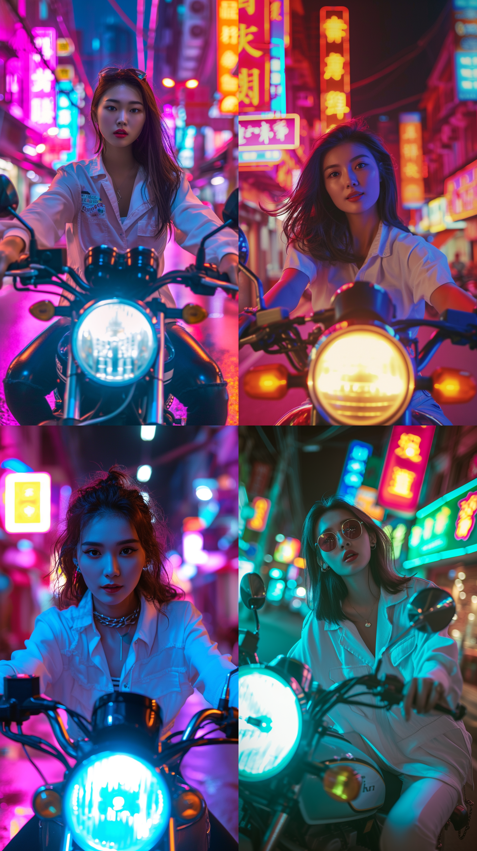 prompt. 骑摩托的中国女性，美女，白衬衫，粗线条，1980s，美式漫画风格，8k，霓虹灯照明，城市街道背景，广角镜头，自信微笑，鲜艳色彩，时尚氛围，拍摄于夜晚，高对比度