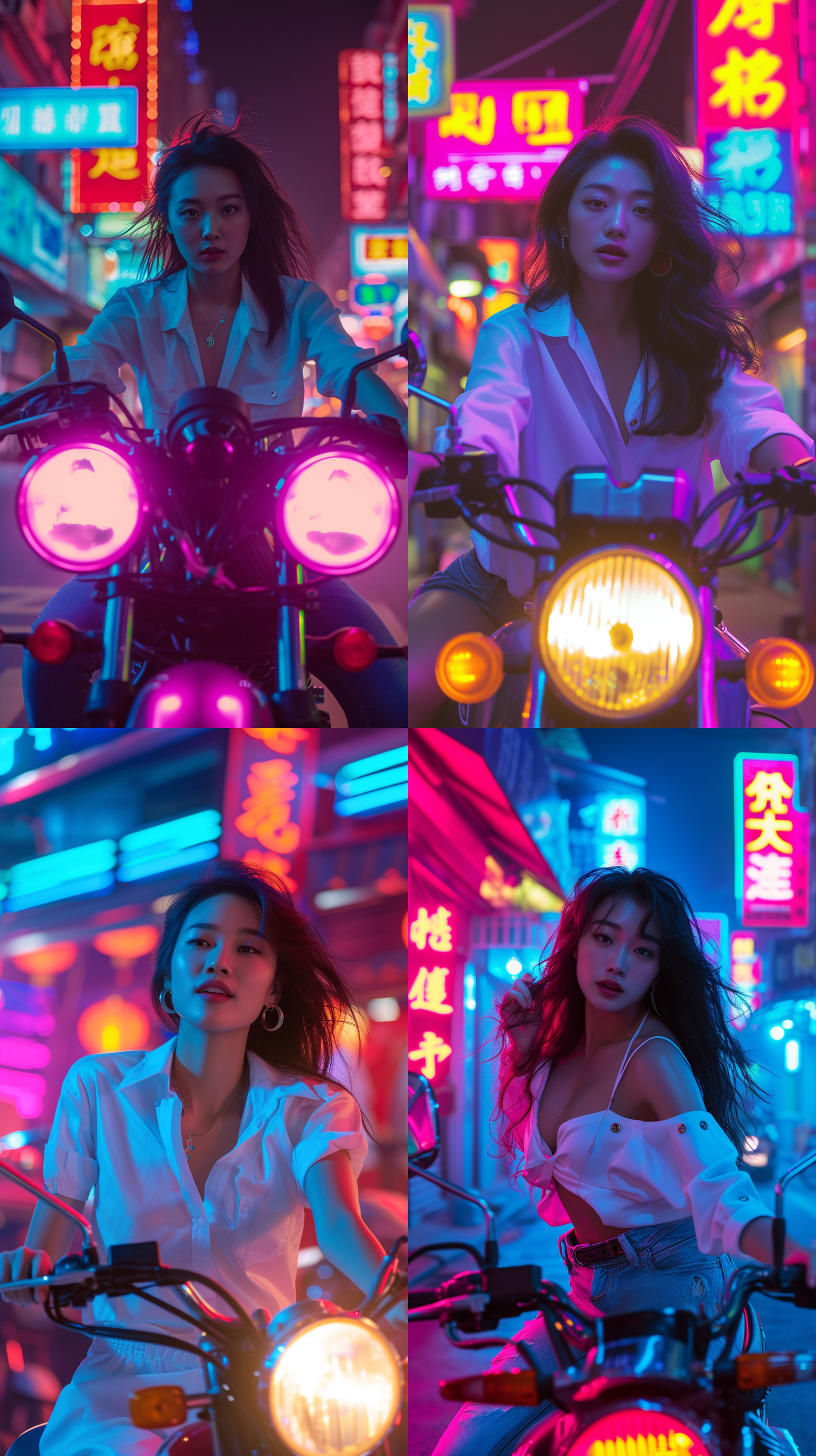 prompt. 骑摩托的中国女性，美女，白衬衫，粗线条，1980s，美式漫画风格，8k，霓虹灯照明，城市街道背景，广角镜头，自信微笑，鲜艳色彩，时尚氛围，拍摄于夜晚，高对比度
