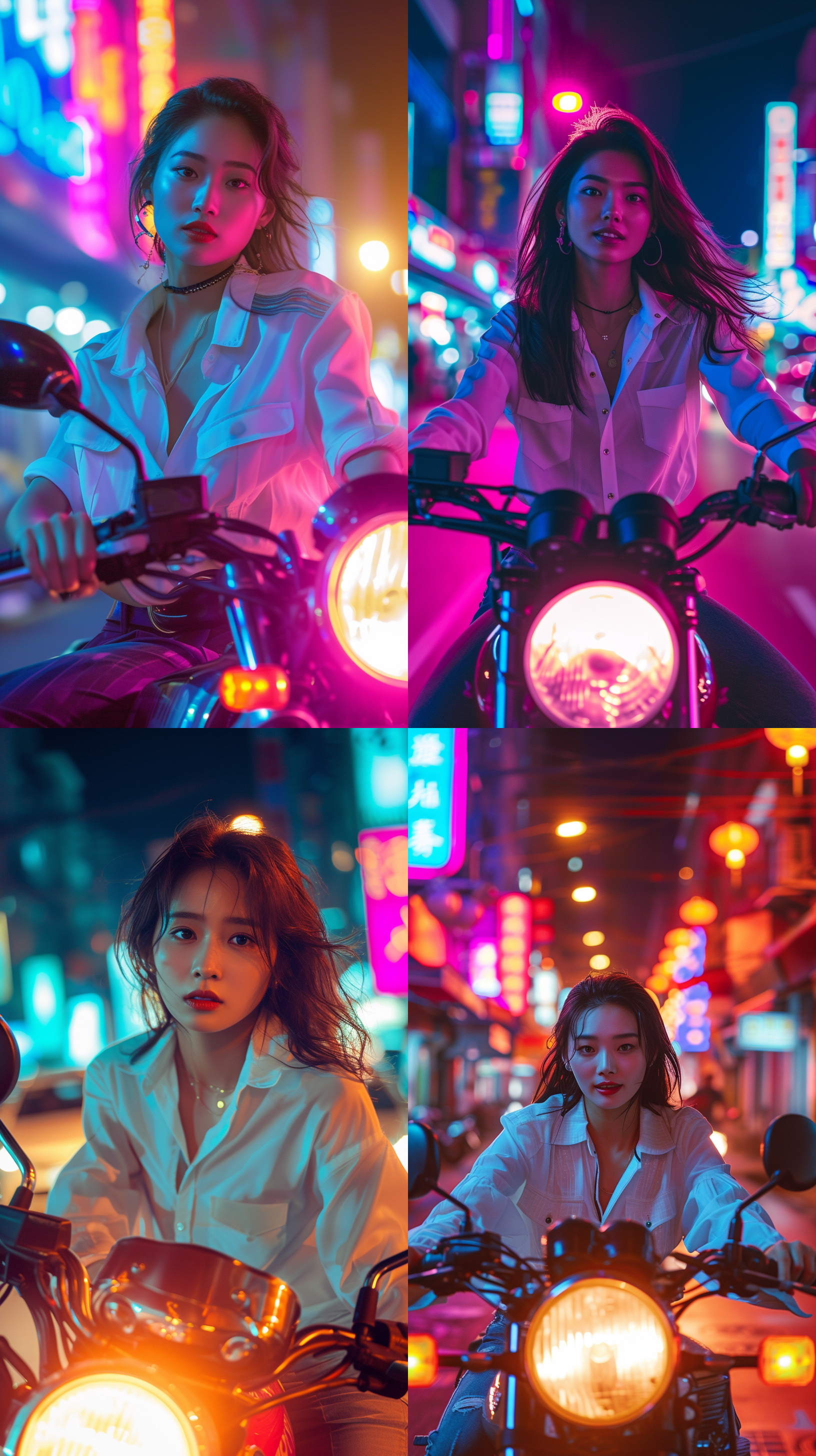 prompt. 骑摩托的中国女性，美女，白衬衫，粗线条，1980s，美式漫画风格，8k，霓虹灯照明，城市街道背景，广角镜头，自信微笑，鲜艳色彩，时尚氛围，拍摄于夜晚，高对比度