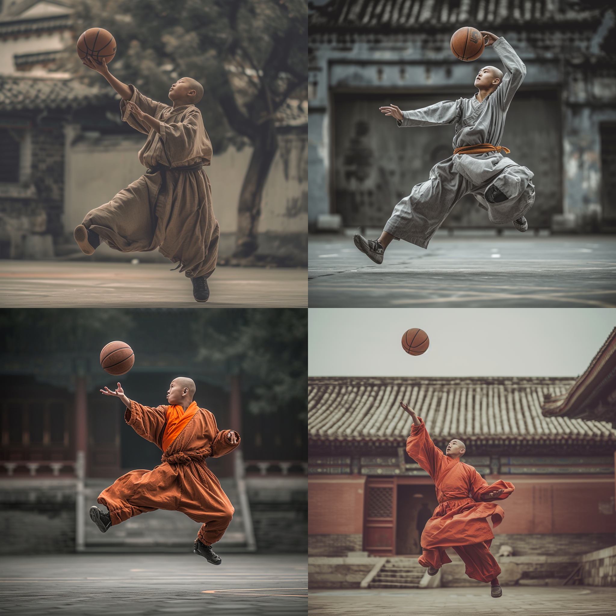 prompt. 少林寺小和尚打篮球，动作优美，空中抛物线，清晰细节，户外场地，逆光，运动模式，传统服装，灰色调，激动。