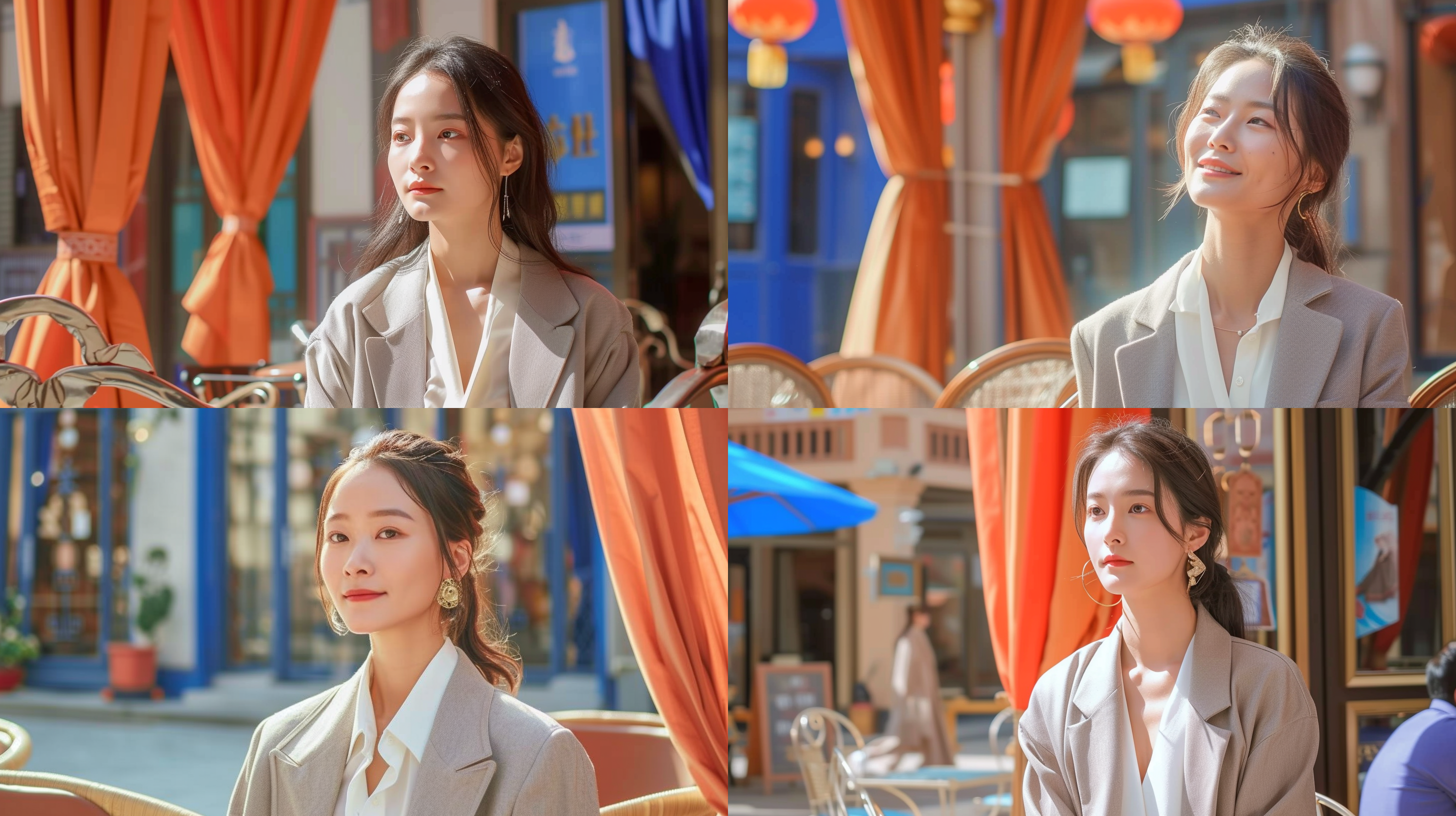 prompt. 中国女性，灰色西装外套，白衬衫，粗线条，1980s，美式漫画风格，8k，阳光照明，城市街道背景，长焦镜头，自信微笑，鲜艳色彩，时尚氛围，拍摄于白天，高对比度。