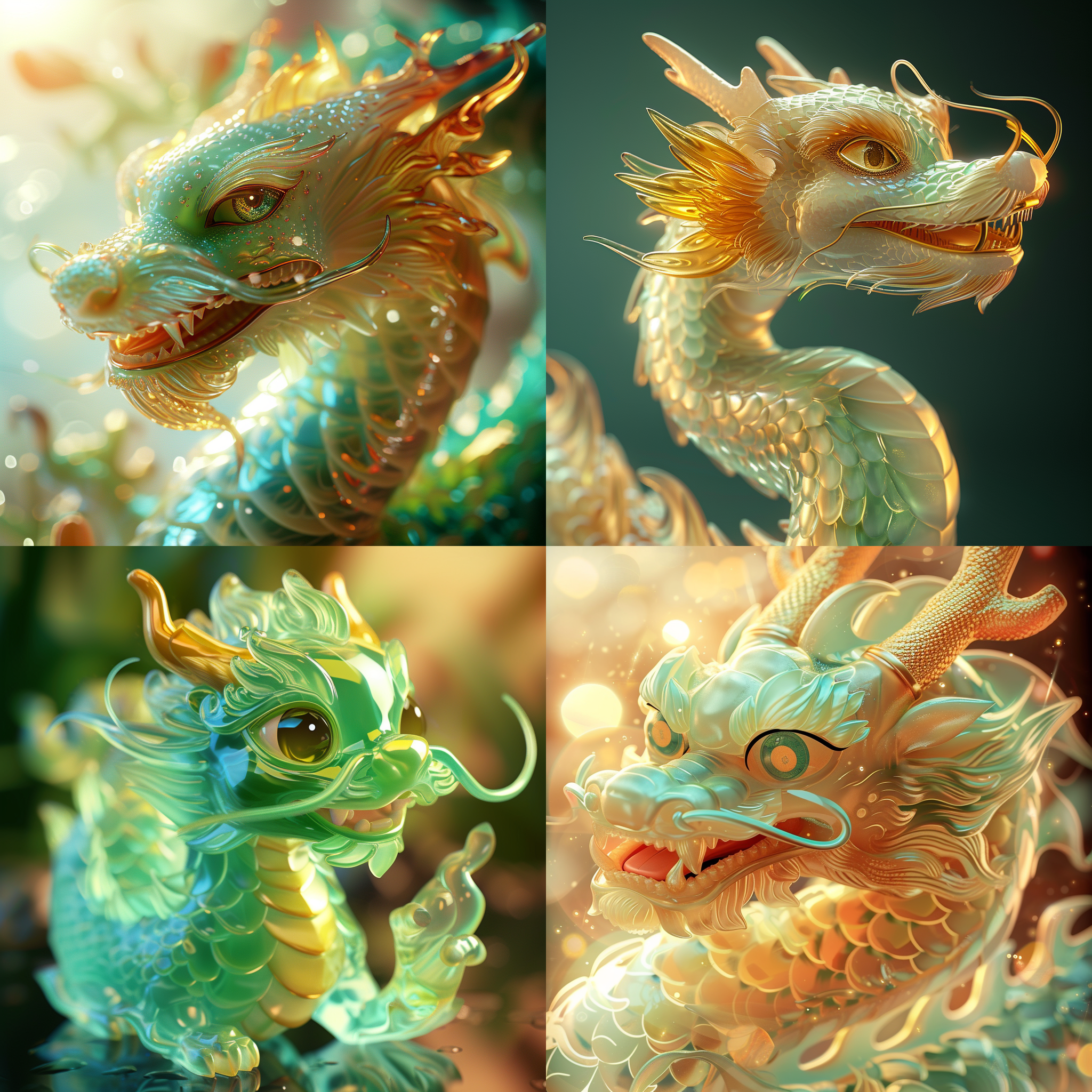 卡通中国龙玉石，晶莹剔透，特写，金色鳞片，明亮眼睛，微笑表情，绚丽色彩，柔和光线，细节丰富，生动形象，神秘气息。