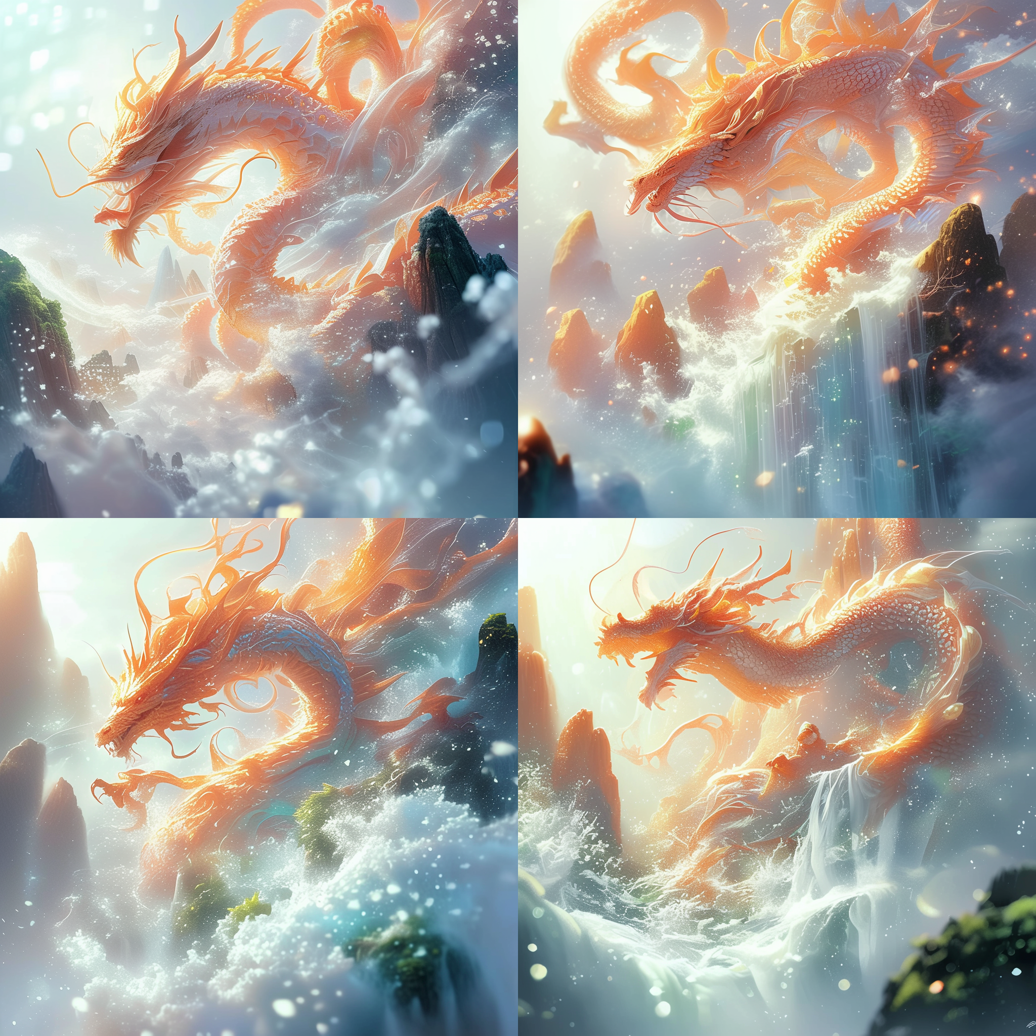 国风，飞龙在天，高山巍峨，奇峰耸立，森林葱茏，河流清澈。蔚蓝的天空中，一条巨大的龙展翅飞翔，金色鳞片闪耀光芒，昂首挺胸，气势磅礴。整个画面充满了古老而神秘的气息，令人震撼。国风，飞龙在天，高山，奇峰，森林，河流，蔚蓝，金色，古老，神秘。