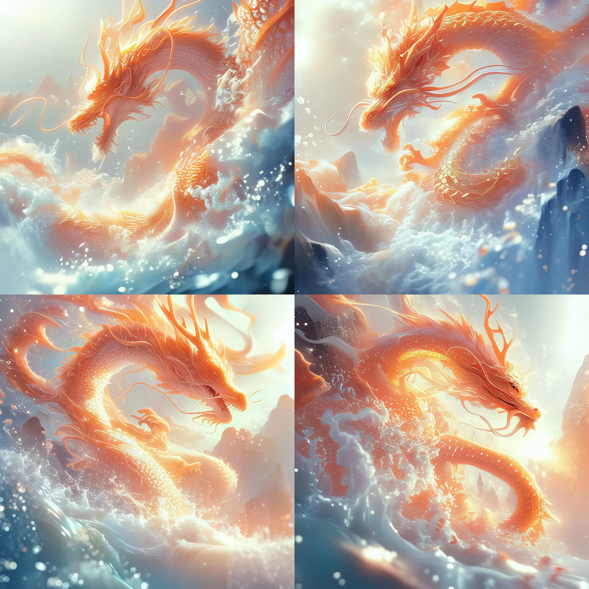 国风，飞龙在天，高山巍峨，奇峰耸立，森林葱茏，河流清澈。蔚蓝的天空中，一条巨大的龙展翅飞翔，金色鳞片闪耀光芒，昂首挺胸，气势磅礴。整个画面充满了古老而神秘的气息，令人震撼。国风，飞龙在天，高山，奇峰，森林，河流，蔚蓝，金色，古老，神秘。