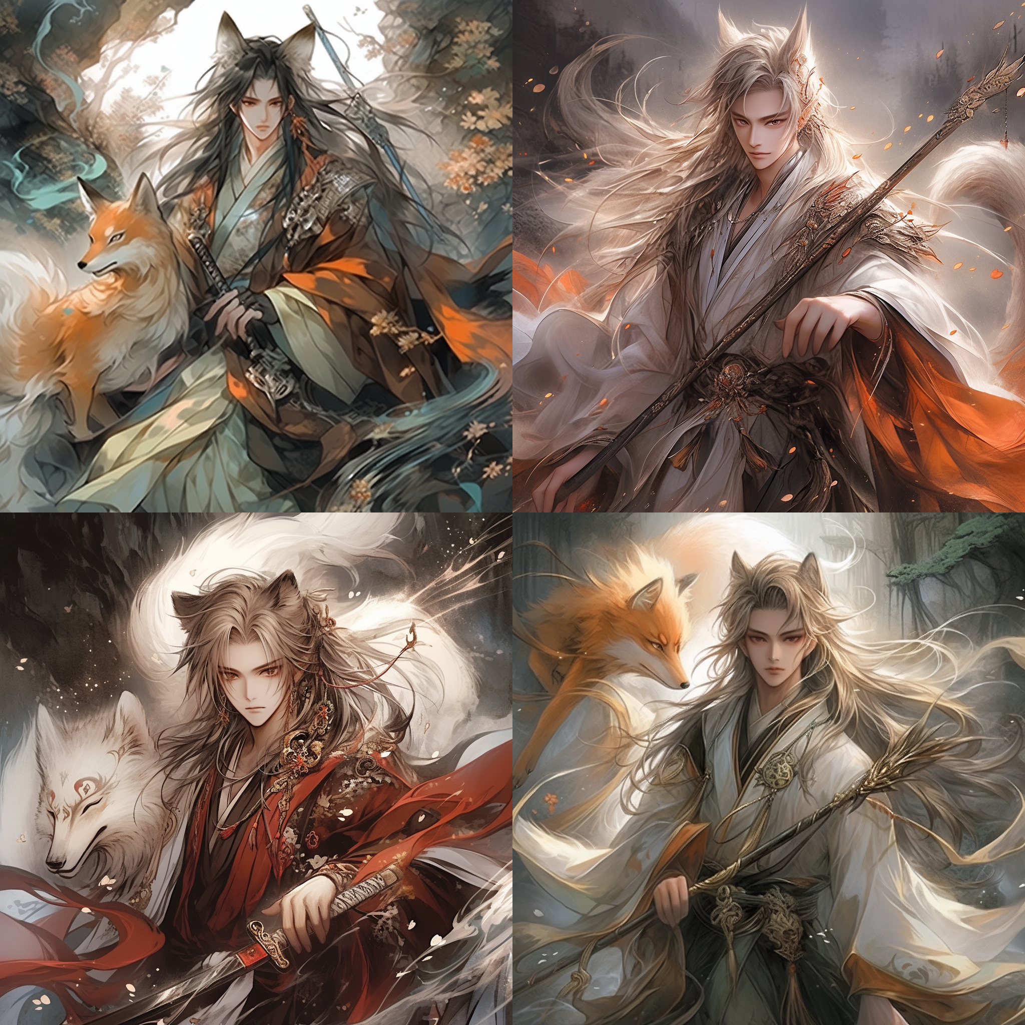  画面中央是一名道童，眼神深邃而神秘。他身穿传统的道家服饰，一手紧握长剑，一手则持着灵符。他的身后，一只美丽的狐仙静静站立，飘逸的毛发和灵动的眼神都透露出一种超凡脱俗的气质。 画面整体采用明暗对比强烈的处理方式，绚丽多彩的色彩使得画面更加生动和立体。中焦镜头的运用让画面层次感十足，柔光效果则凸显出神秘氛围。 整个画面充满了动漫风格，让人仿佛置身于一个神秘而又美丽的奇幻世界中。