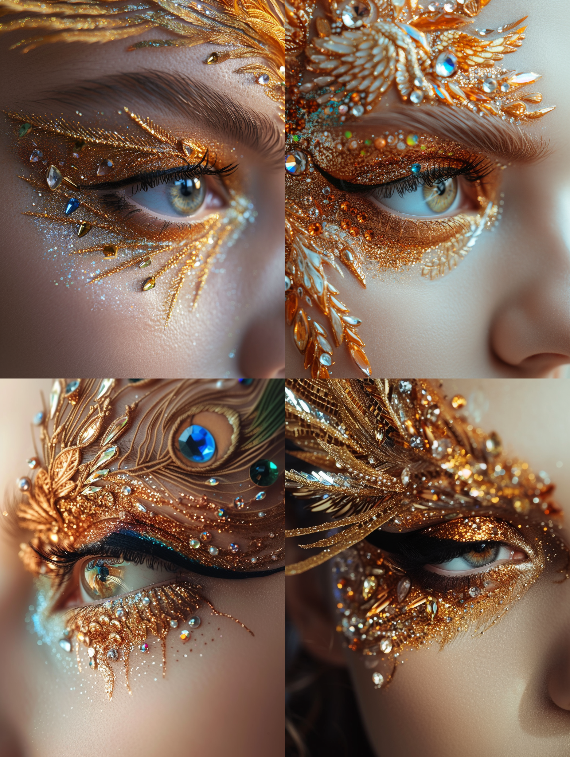 精致左眼眼妆，闪闪发亮，纹着一条凤凰图，琉璃金和宝石做点缀，超逼真，超现实主义，最佳画质，精致细节，复杂细节，视频拍摄，莱卡镜头,8k,莱卡镜头