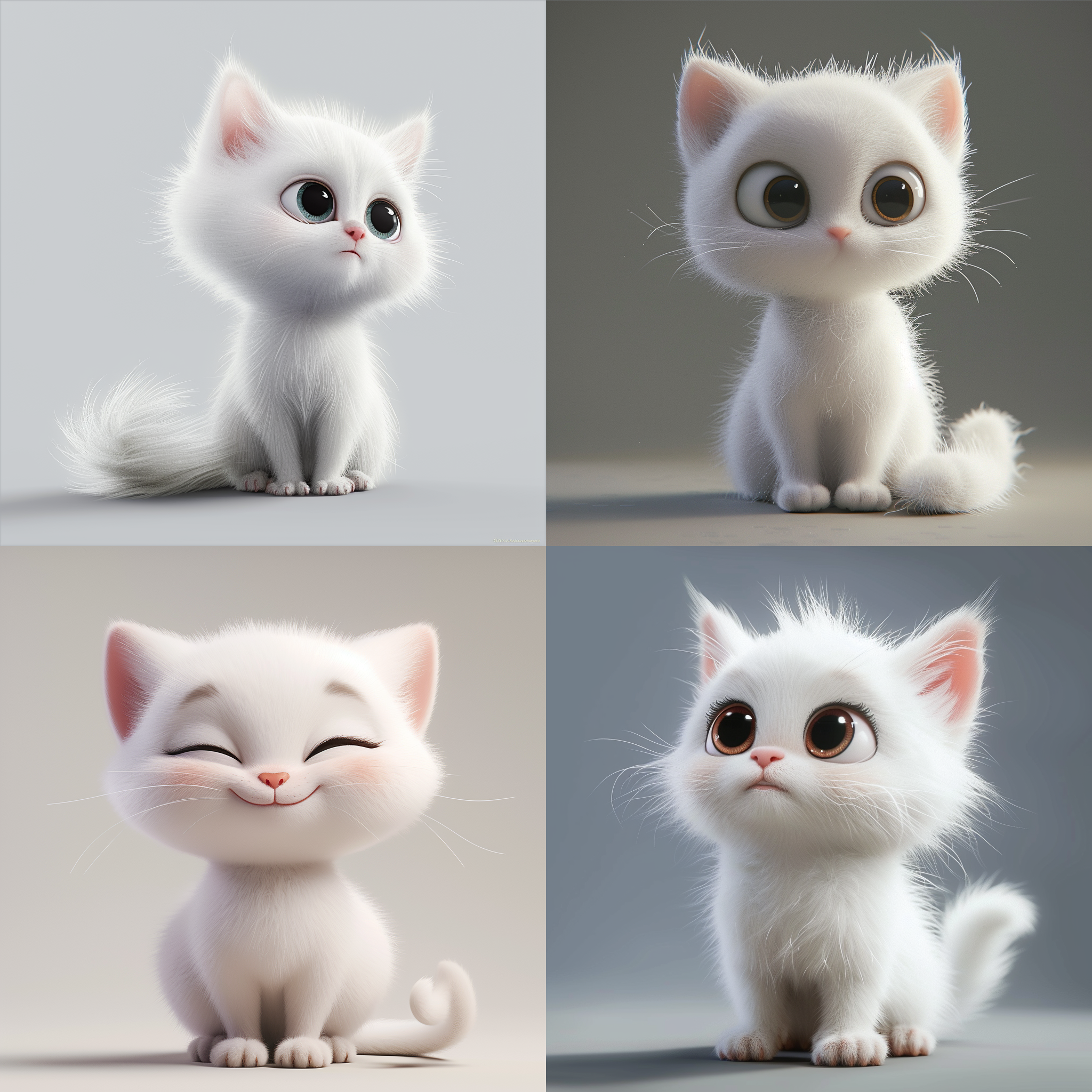 a cute little cat, rendered in pixar animation style, with enhanced cute details and expressions, high-definition quality, and soft and fluffy texture. the main color tone is white. a 3d appearance with charming and imaginative properties.
