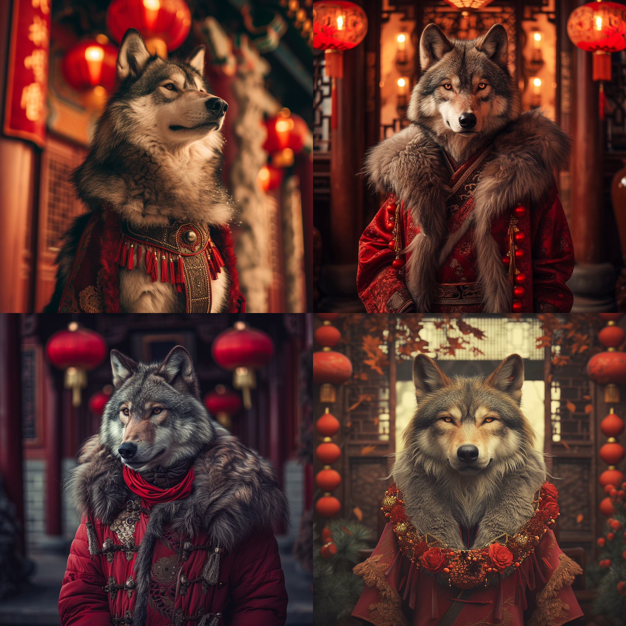 prompt. 穿着羊皮的狼，中国元素，喜庆，传统建筑背景，红色配饰，肖像模式，暖色调，中焦镜头，微笑，自信。