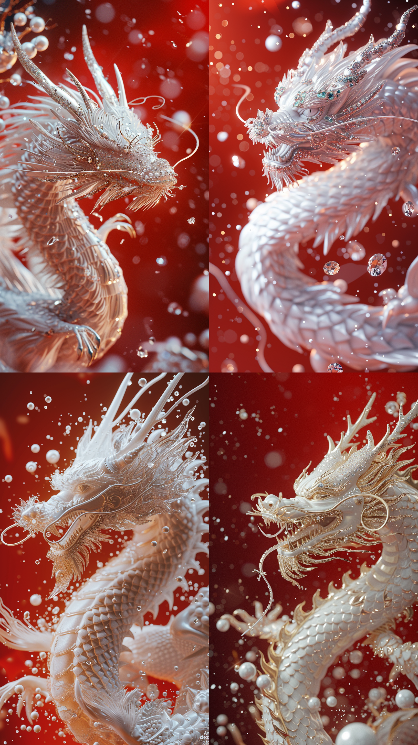 新年珠光宝气的白龙壁纸，点缀水晶，宝石，珍珠，立体浮雕，威武霸气，3d渲染，细节惟妙惟肖，红色背景，俯瞰角度，闪耀光芒，8k画质，搅拌机材质，树脂材质，uhd莱卡镜头，神话生物，新年插画。