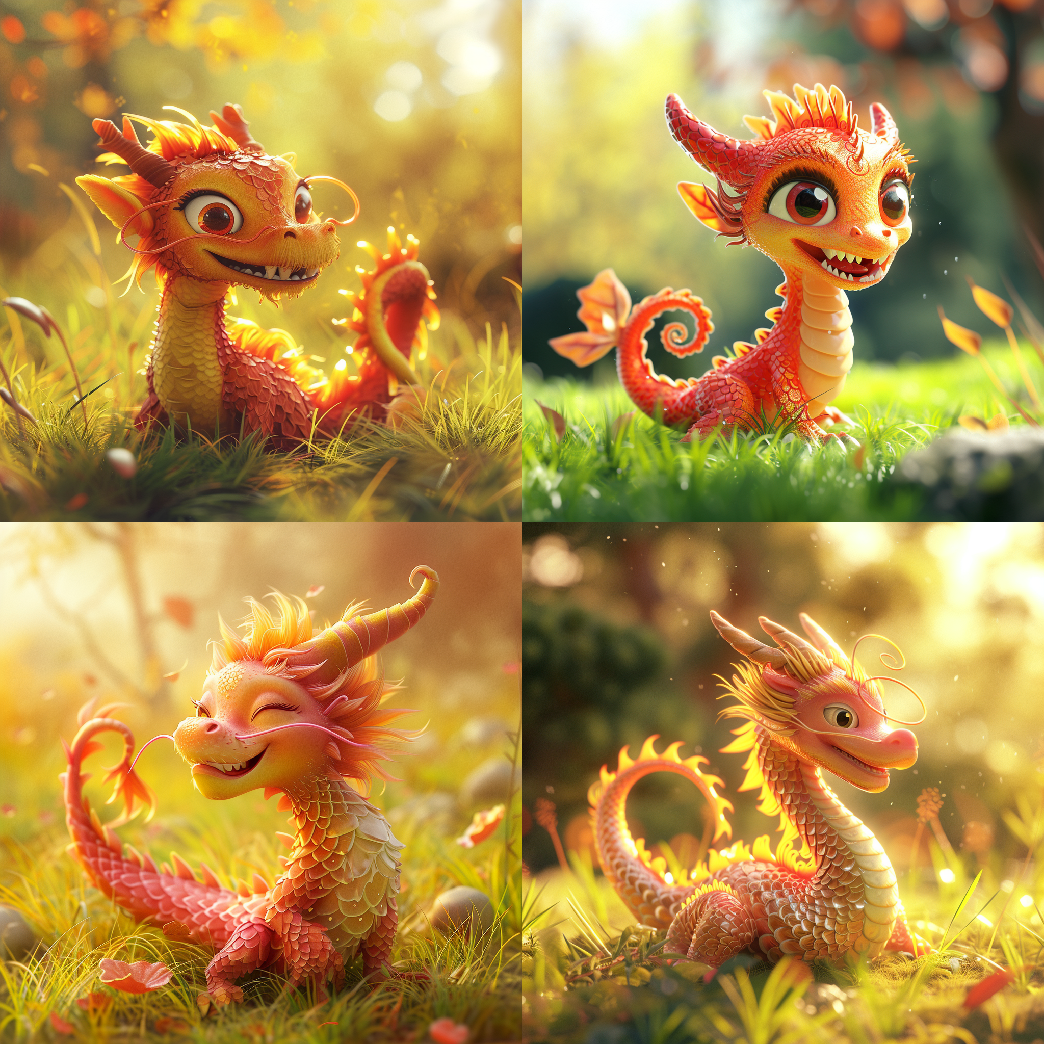 prompt. 中国龙年，可爱的龙，童趣风格，色彩鲜艳，草地上，逆光拍摄，微笑，绚丽鳞片，喜庆氛围，温暖色调，神态自信。