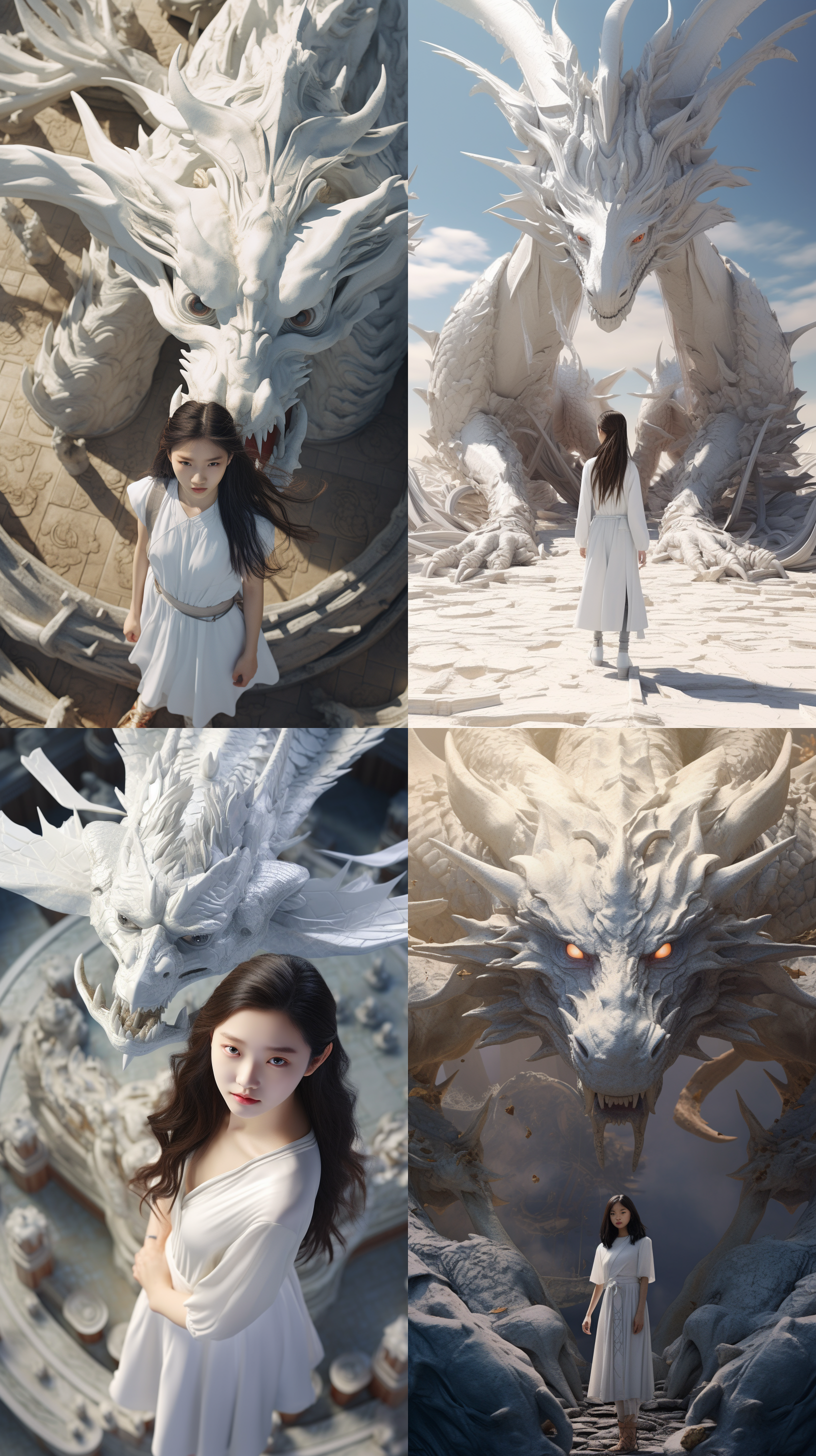 drone view,in front of the relievo dragon stands a chinese beautiful girl,12 years old,white,wearing a gorgeous hanfu,white,chinese relievo dragon,dream scene, grand scene,minimalism,chinese dragon,c4d rendering,surrealism,meticulous design, asymmetrical balance,master works, movie lighting, ultra hd, fine details, color grading,32k
