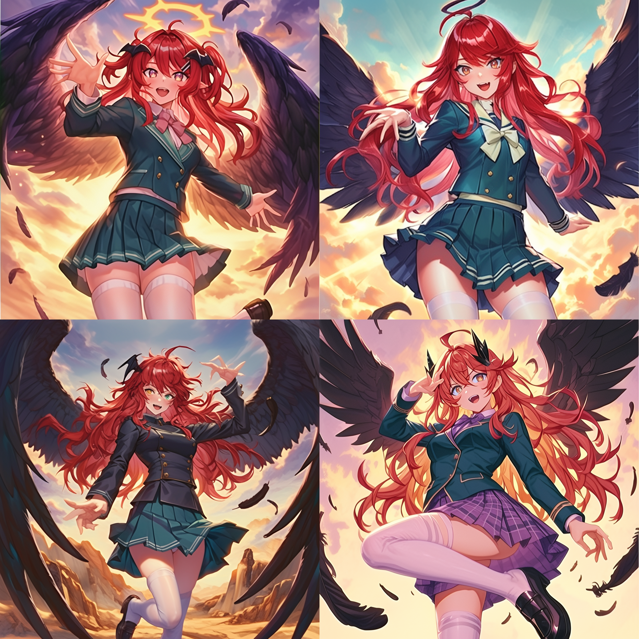 御姐舞者，天空背景，全身像，jk制服，百褶短裙，白色丝袜，小皮鞋，舞蹈，飞行，优雅，棕色瞳孔，红色齐刘海长发，黑色羽翼，高清晰度，柔和光线，动态捕捉，优美。