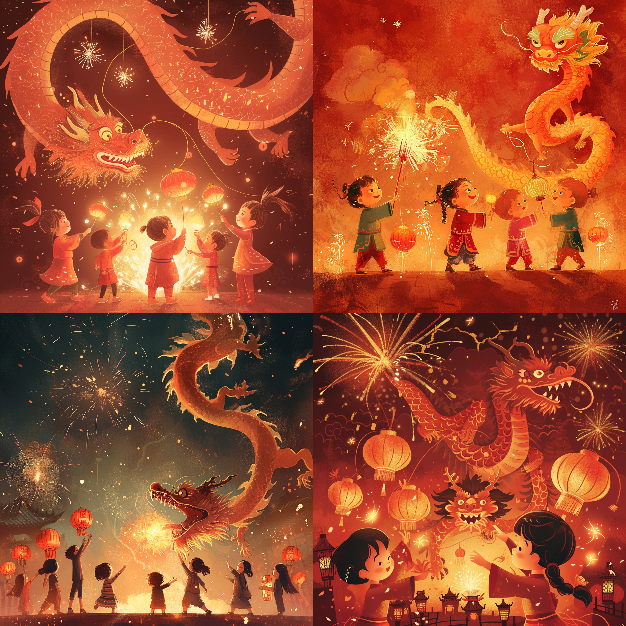 prompt. 龙年迎新年插画, 小孩提灯笼放鞭炮和烟花, 红色调, 传统风格, 龙舞腾飞, 烟花绽放, 喜庆氛围, 明亮色彩, 细节丰富, 动态感, 金光闪耀, 喜悦。