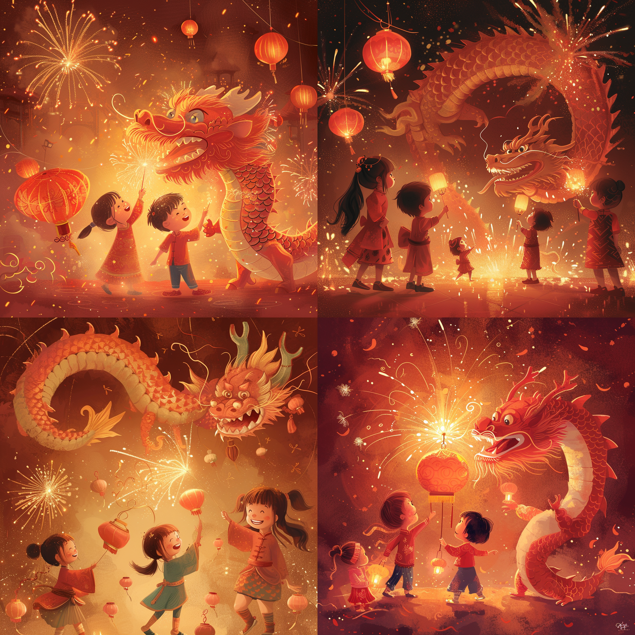 prompt. 龙年迎新年插画, 小孩提灯笼放鞭炮和烟花, 红色调, 传统风格, 龙舞腾飞, 烟花绽放, 喜庆氛围, 明亮色彩, 细节丰富, 动态感, 金光闪耀, 喜悦。