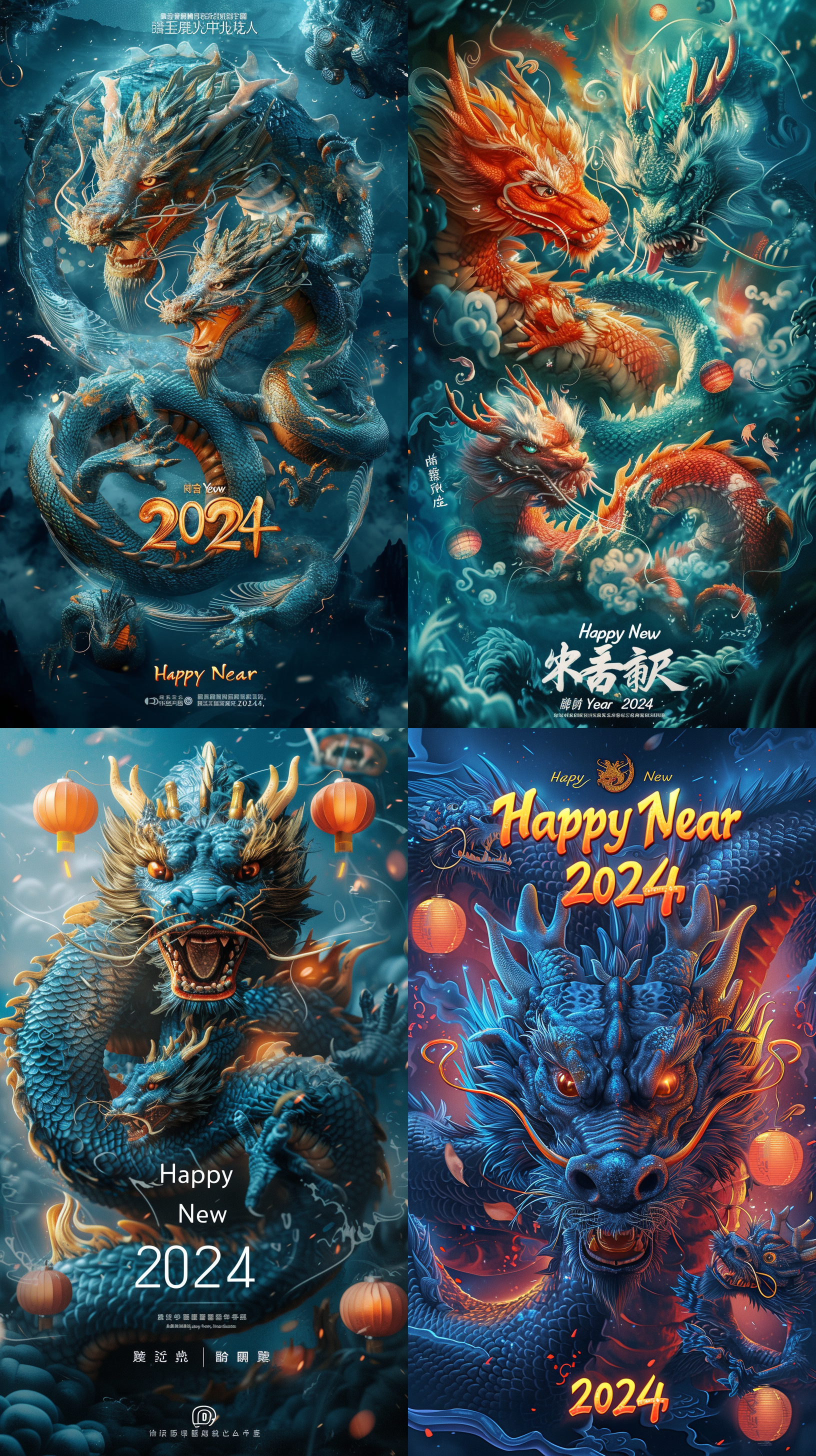 新年海报设计，排版字体：并以短句写着：“2024新年快乐，”中国龙环绕，超逼真，超玄幻，玄幻引擎，3d,数字渲染，莱卡镜头，全景摄影，视频拍摄，uhd,