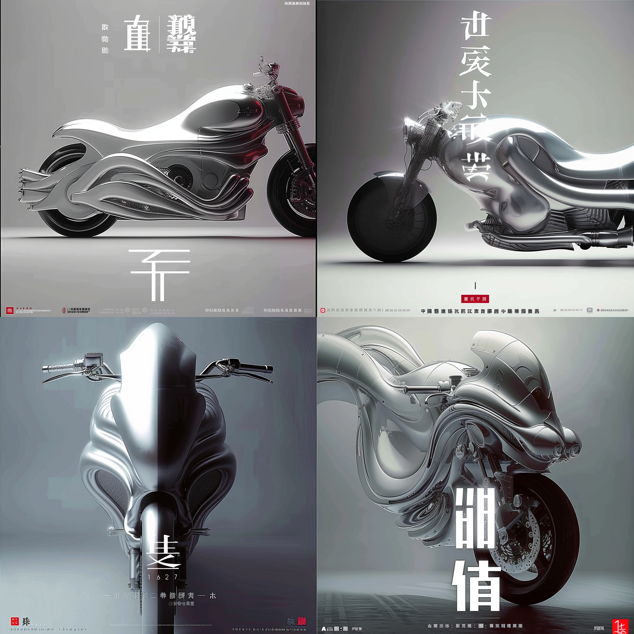 机车设计，通体全银，复古，协调，流线型，把手高，简约，泛光，神秘，冷酷。