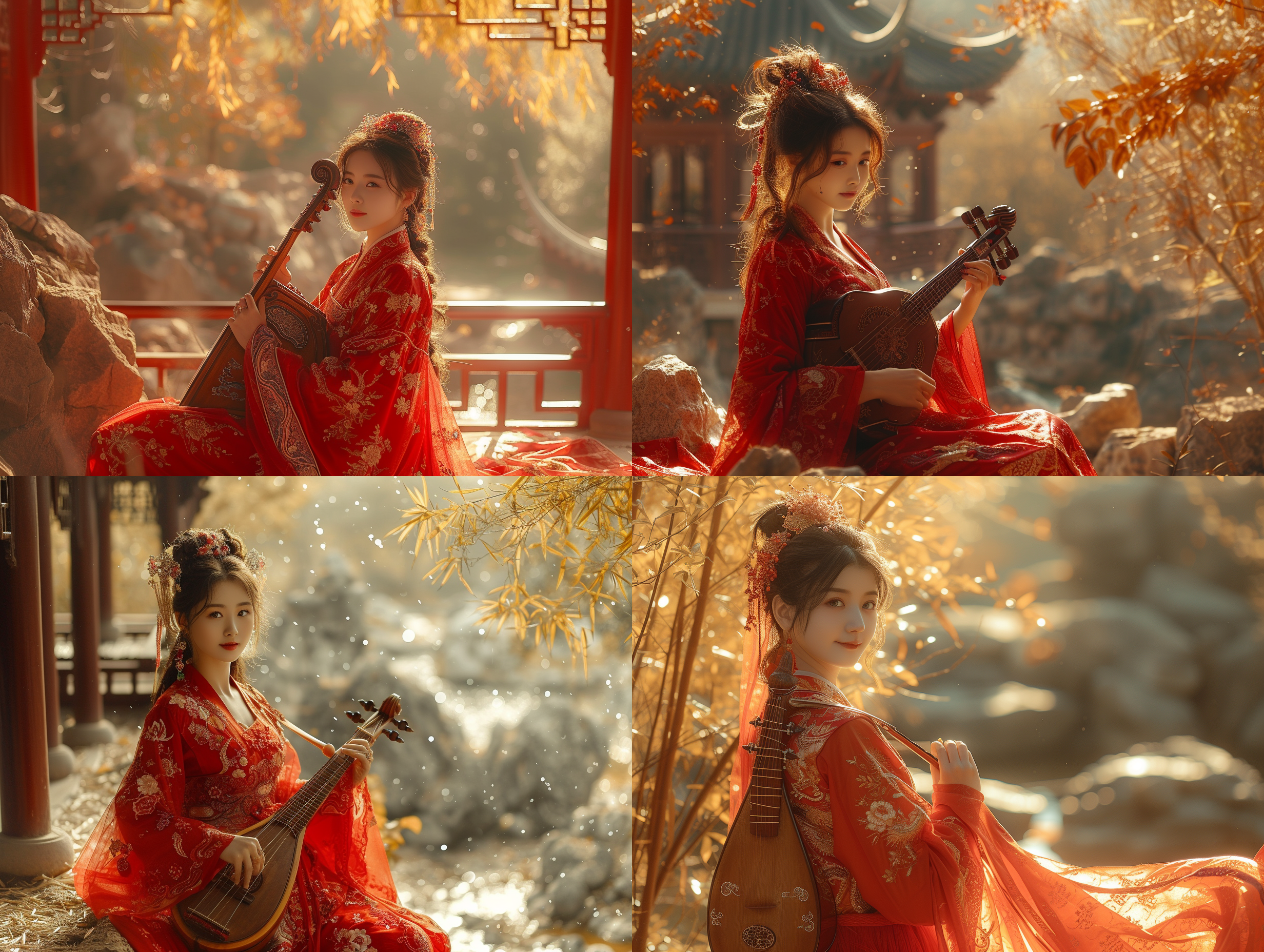 prompt. 弹琵琶的女孩，红汉服，明亮眼神，温柔表情，优美姿态，假山竹林背景，中式园林建筑，柔和光线，传统风格，全身像，暖色调，广角镜头