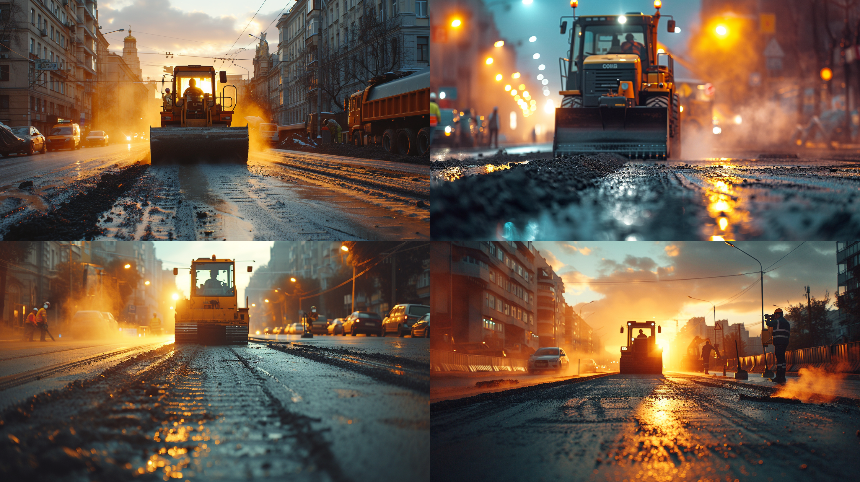 prompt. 傍晚城市街道，大型筑路机械，逆光，筑路工监控，暖色调，宏大场面，超广角镜头，道路铺装，宽阔路面，热气腾腾，蒸汽弥漫，工具手持，机械作业，筑路工人