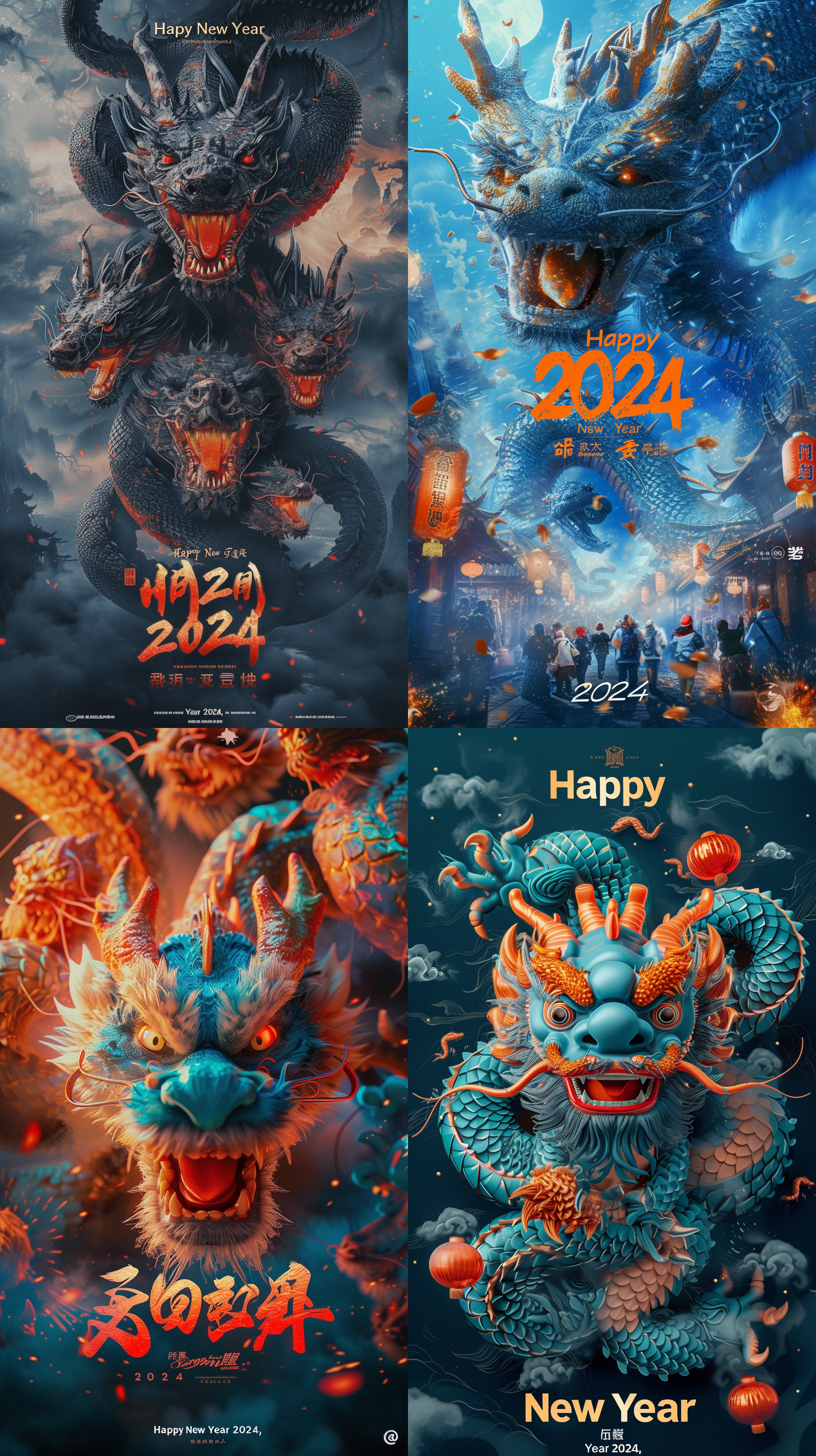 新年海报设计，排版字体：并以短句写着：“2024新年快乐，”中国龙环绕，超逼真，超玄幻，玄幻引擎，3d,数字渲染，莱卡镜头，全景摄影，视频拍摄，uhd,