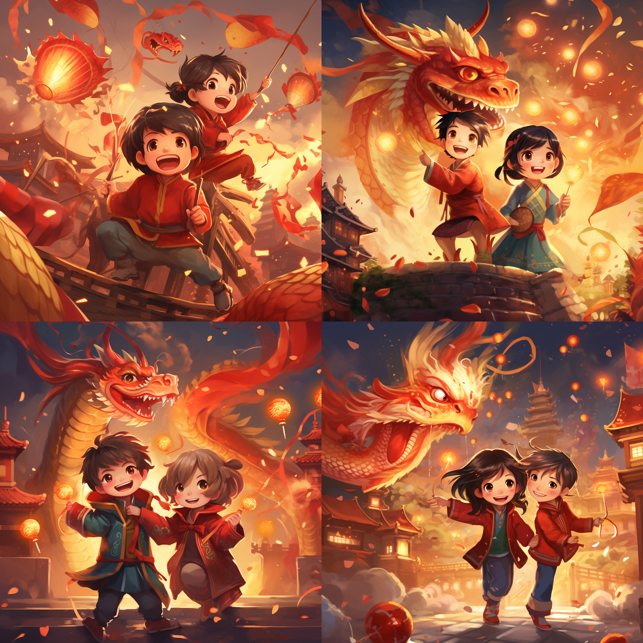 prompt. 龙年迎新年插画, 小孩提灯笼放鞭炮和烟花, 红色调, 传统风格, 龙舞腾飞, 烟花绽放, 喜庆氛围, 明亮色彩, 细节丰富, 动态感, 金光闪耀, 喜悦。